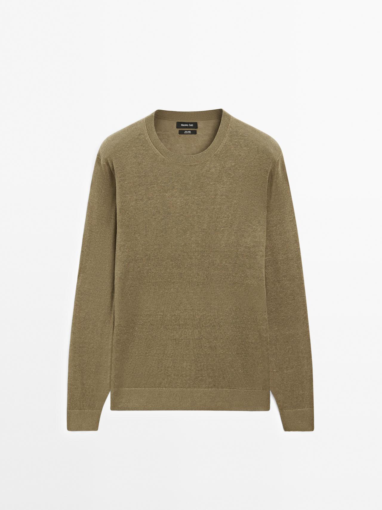 Massimo Dutti - Herre - Striktrøje I 100 % Hør - Kaki - M