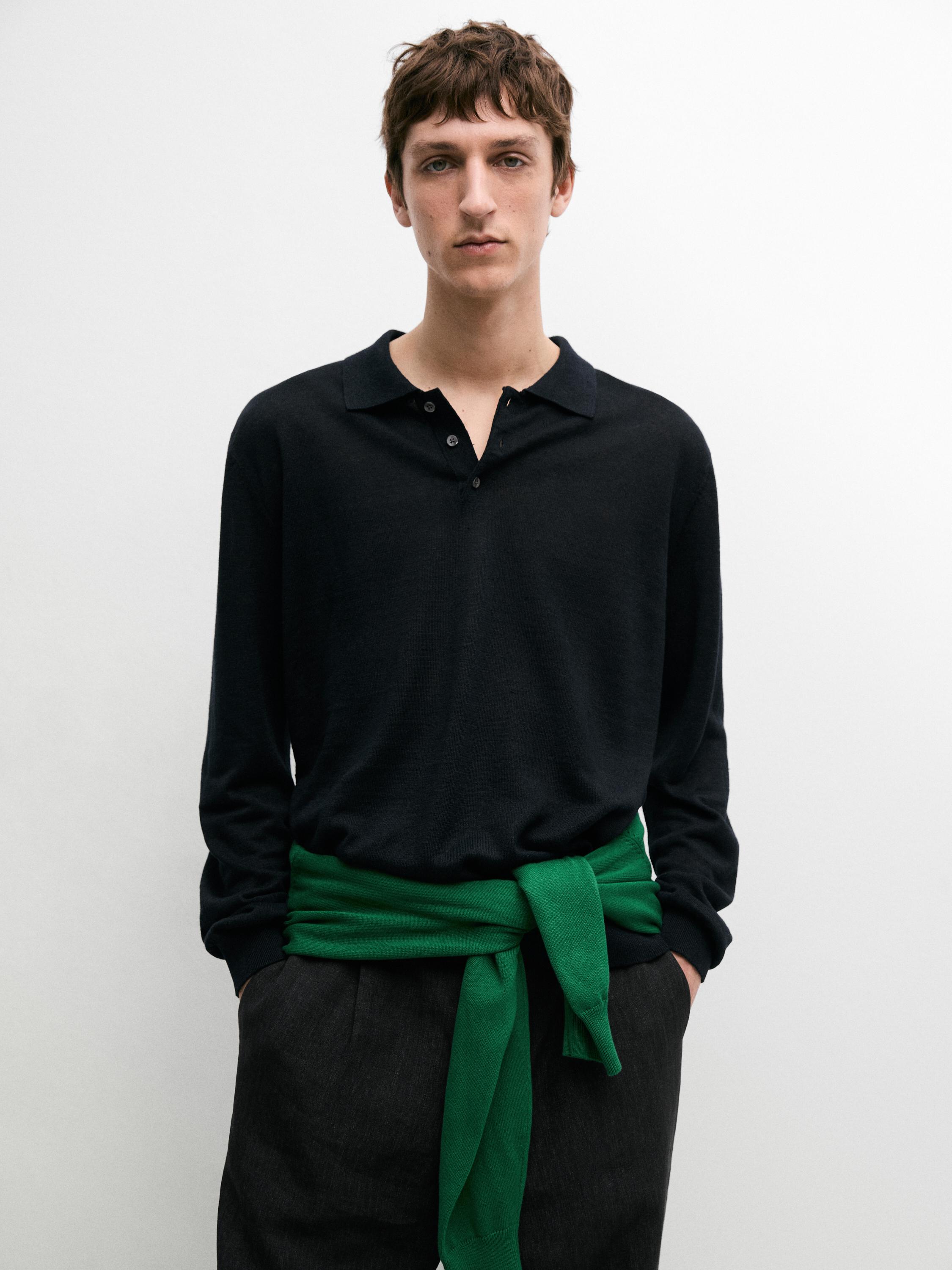 100% linen knit polo collar sweater — NAVY BLUE