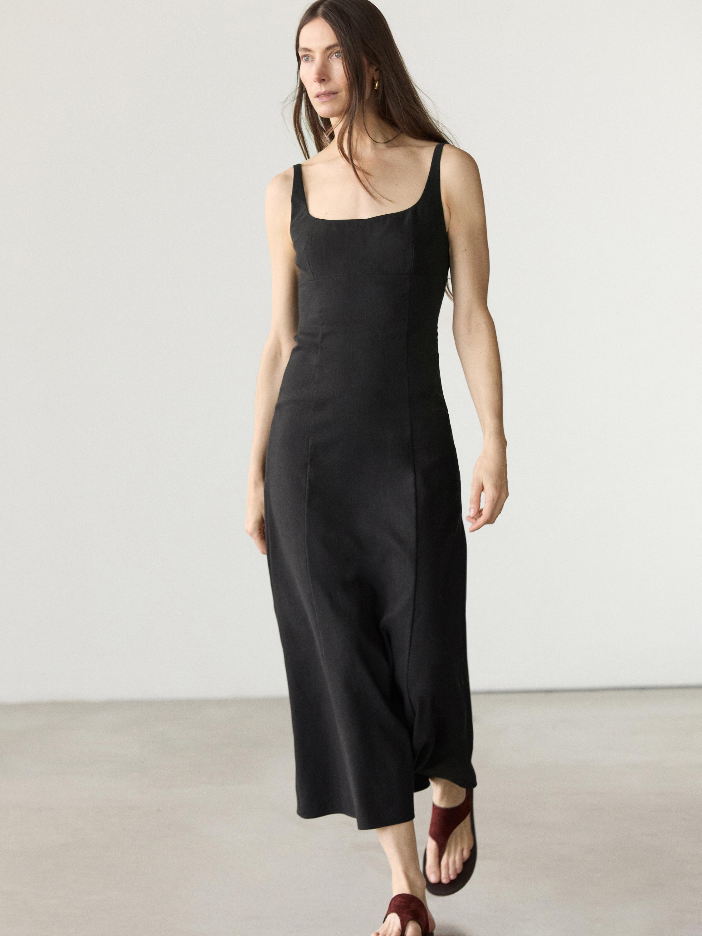 Strappy linen midi dress — BLACK