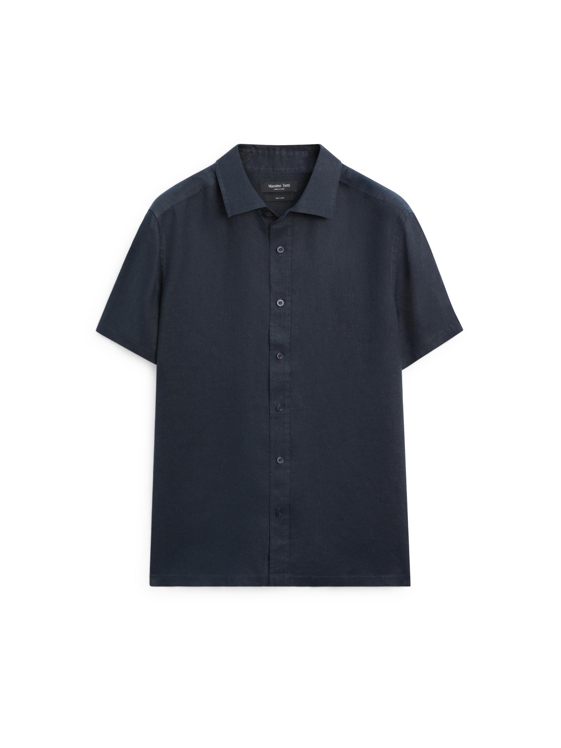 100% linen regular fit short sleeve shirt — NAVY BLUE