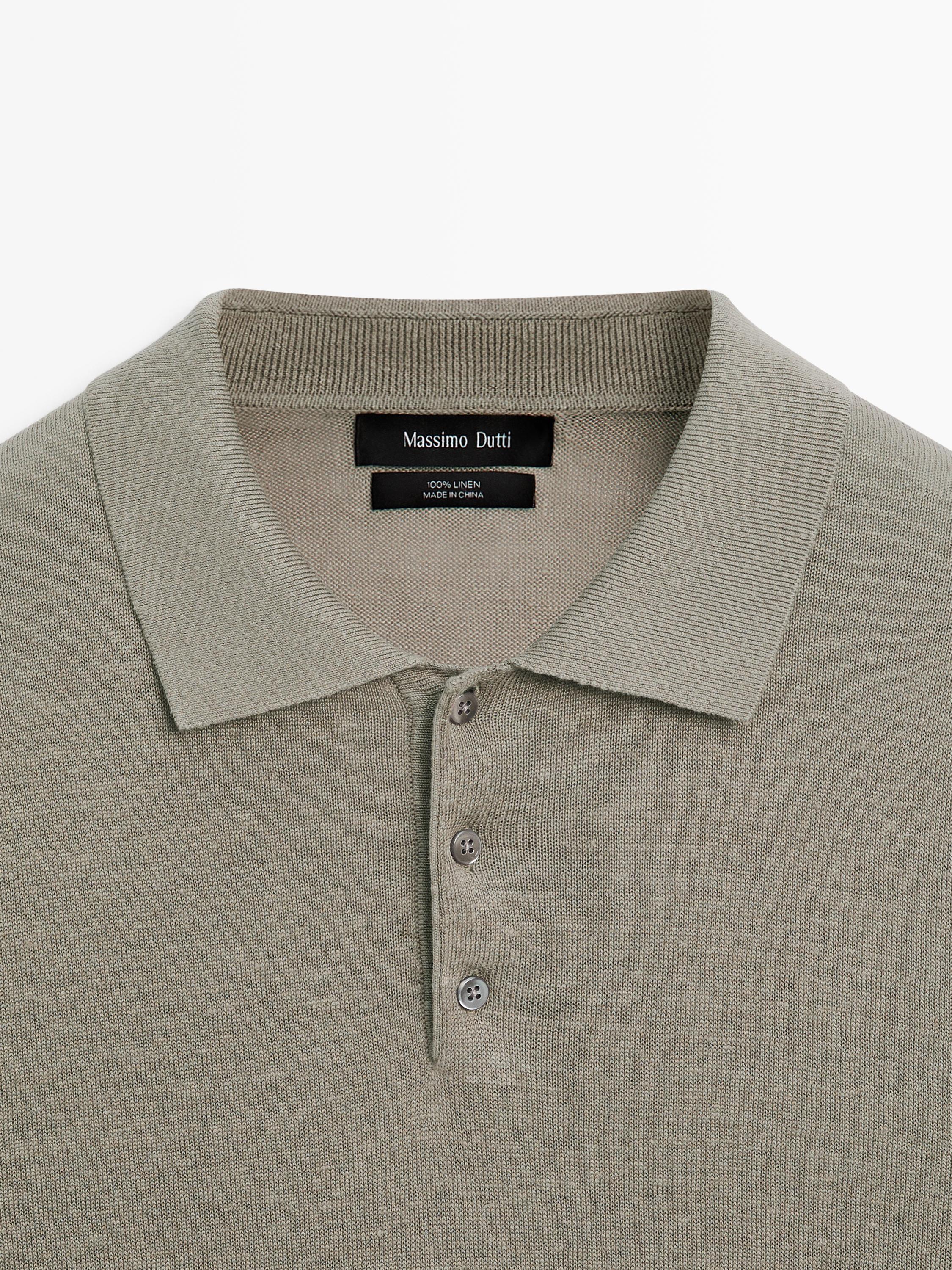 100% linen knit polo collar sweater — PALE KHAKI
