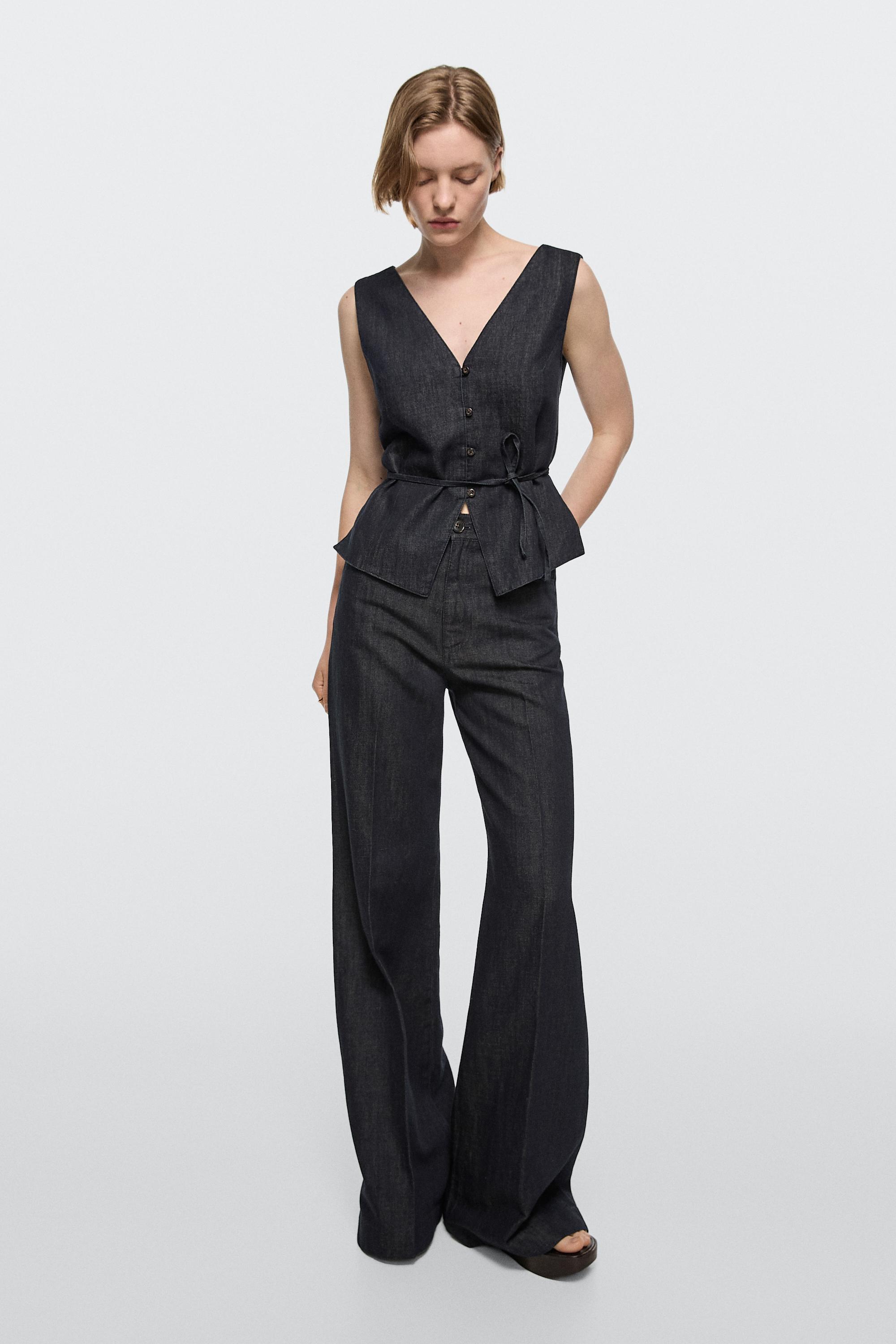 High-waist palazzo denim pants co-ord — DARK BLUE