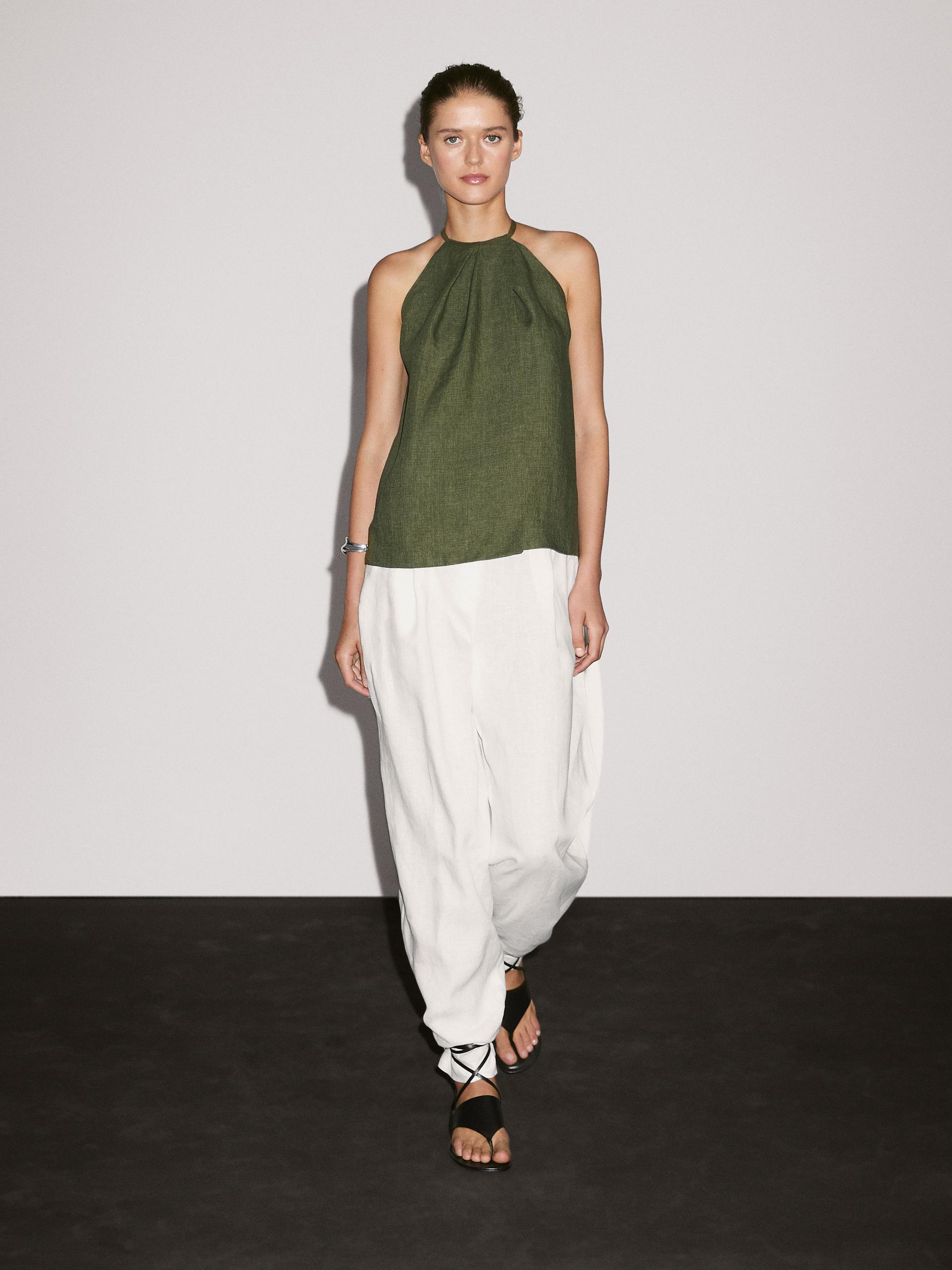 Top Con Collo Halter In Misto Lino - Verde - S - Massimo Dutti - Femminile