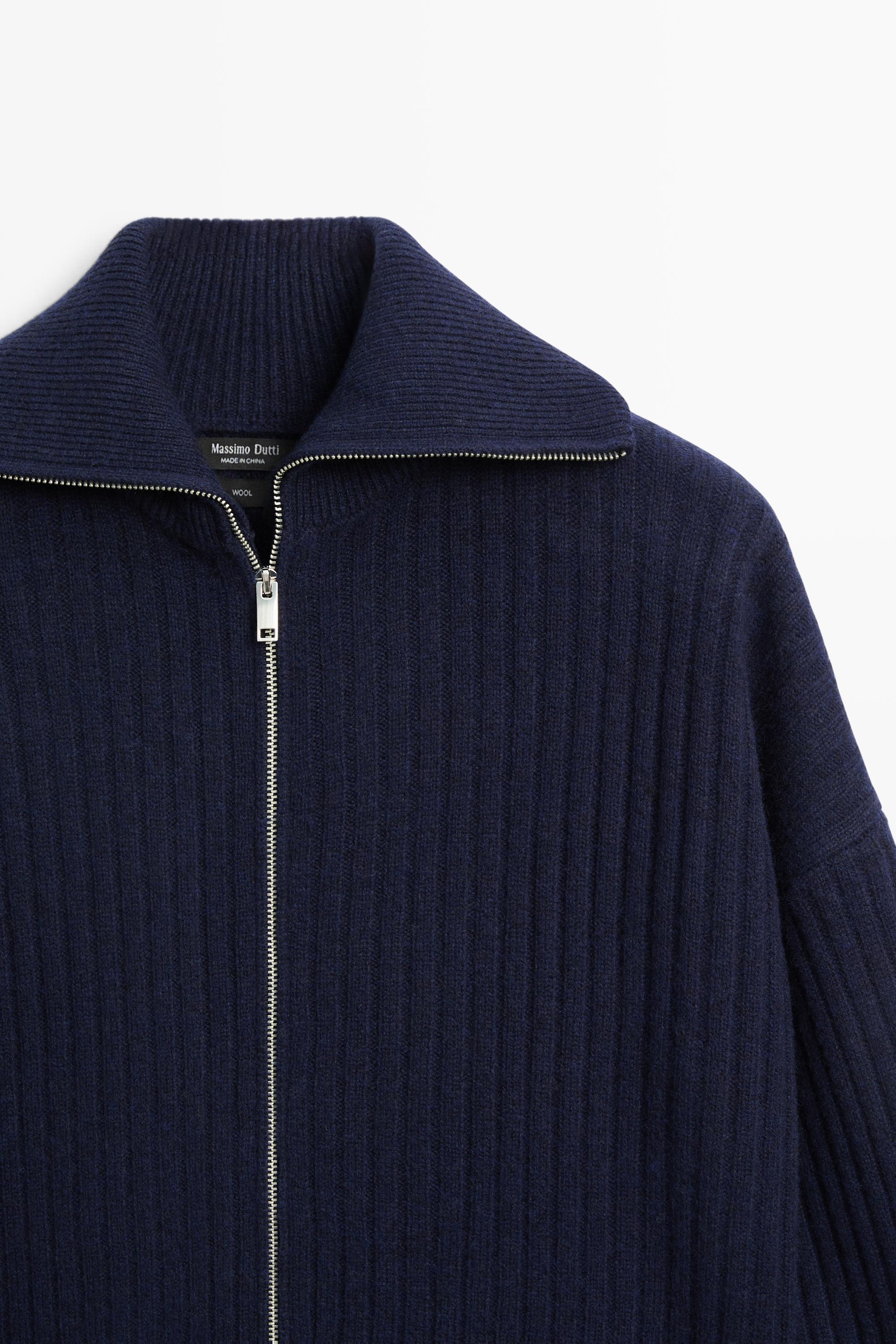 100% wool knit zip-up cardigan - INK BLUE