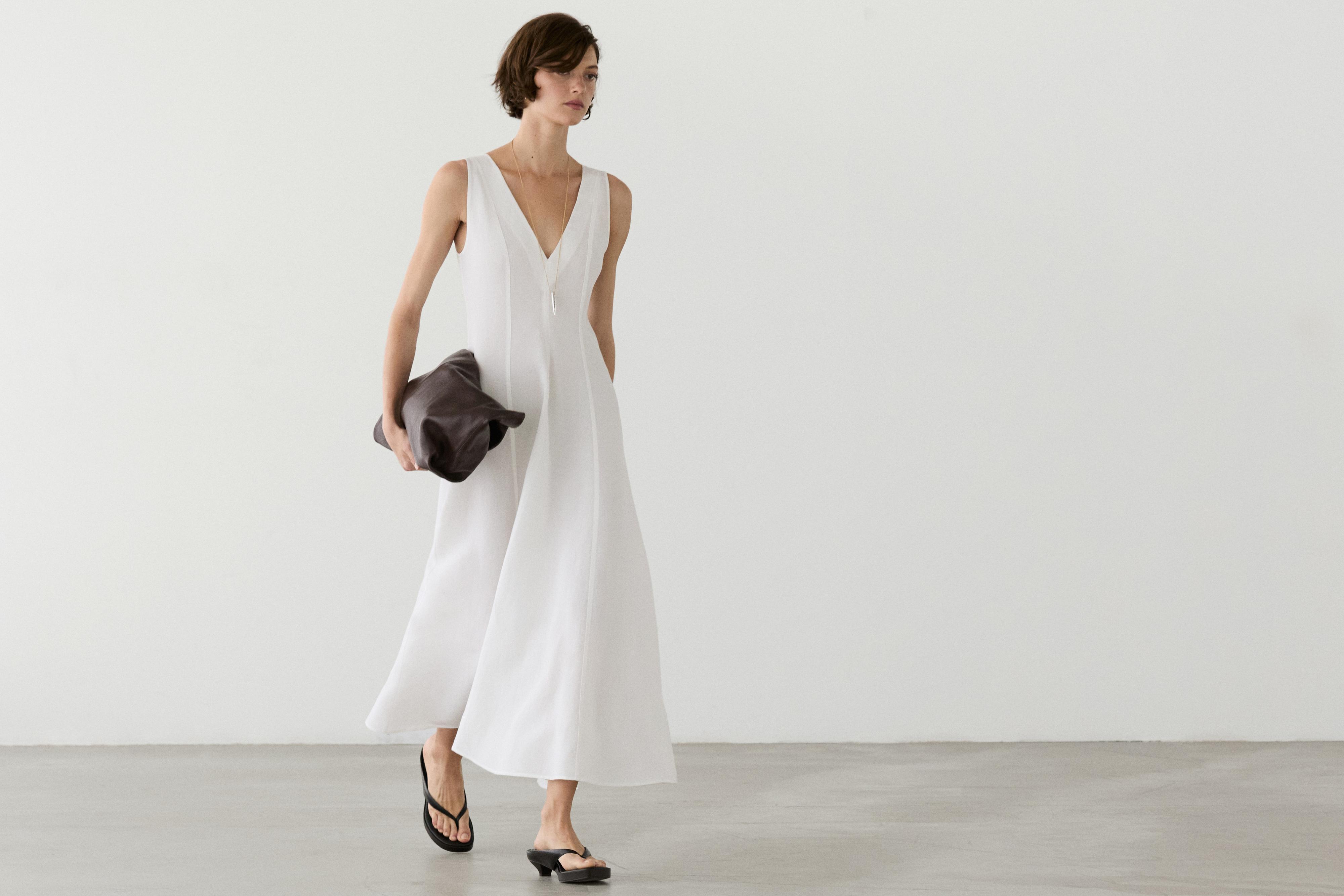 Flowing linen blend midi dress — WHITE