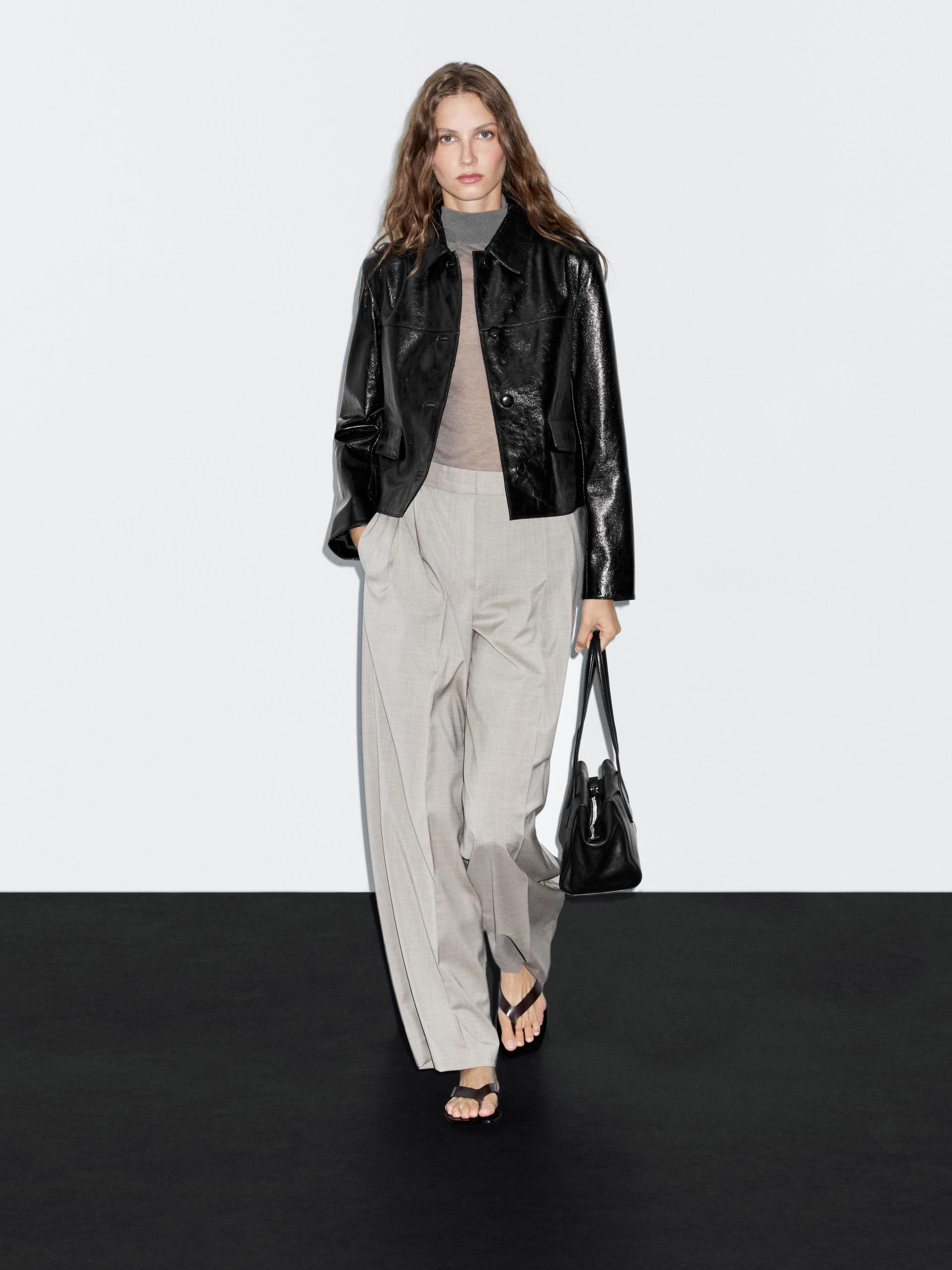 Krótka Kurtka Ze Skóry Nappa - Czarny - L - Massimo Dutti - Kobieta