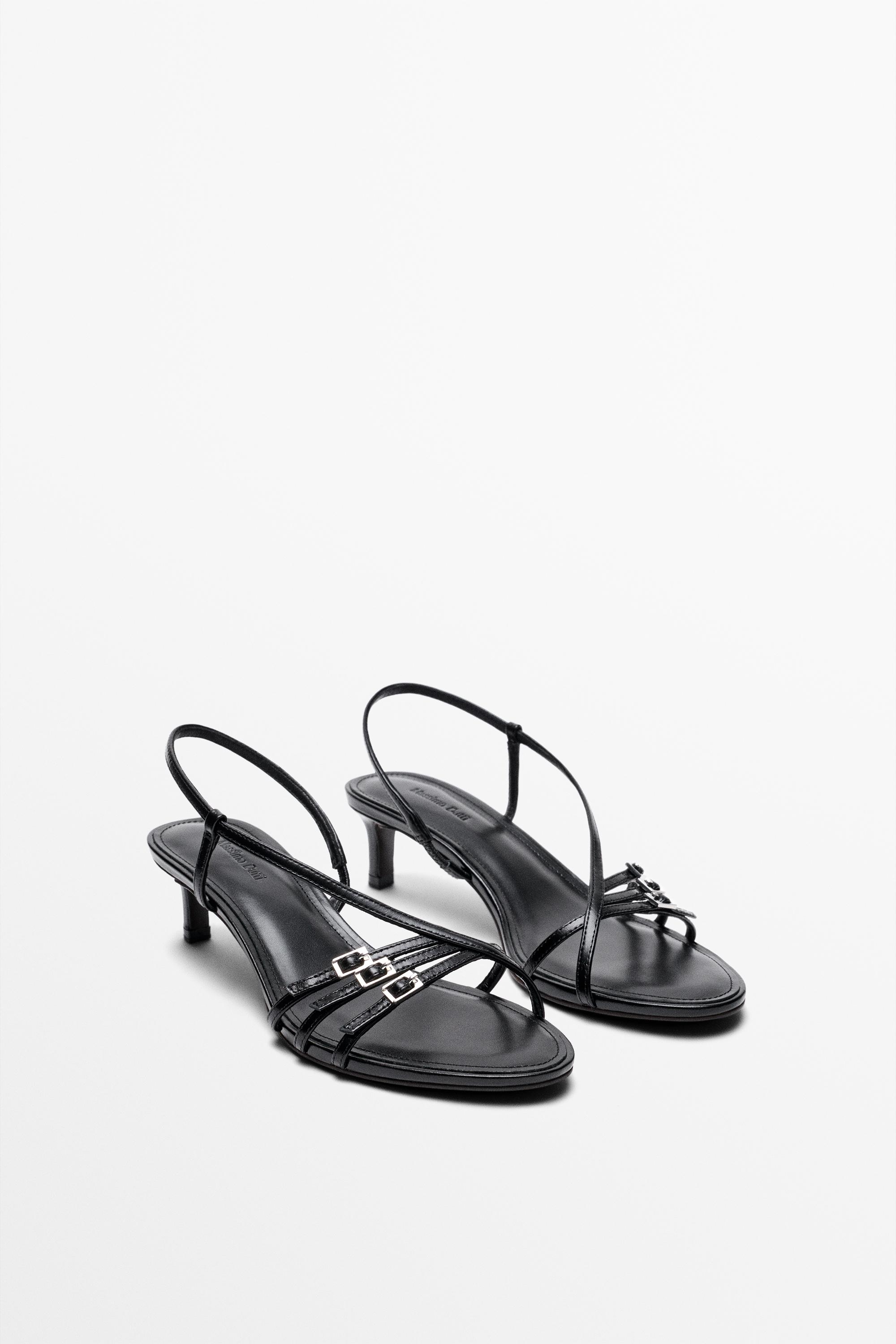 Leather heeled sandals with buckles — BLACK