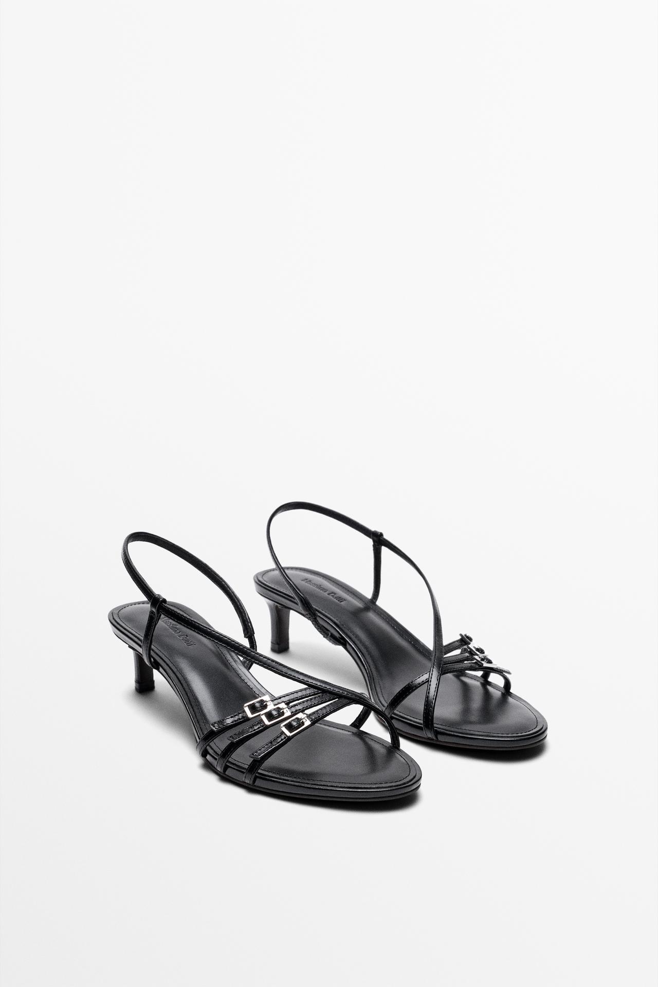 Leather heeled sandals with buckles — BLACK