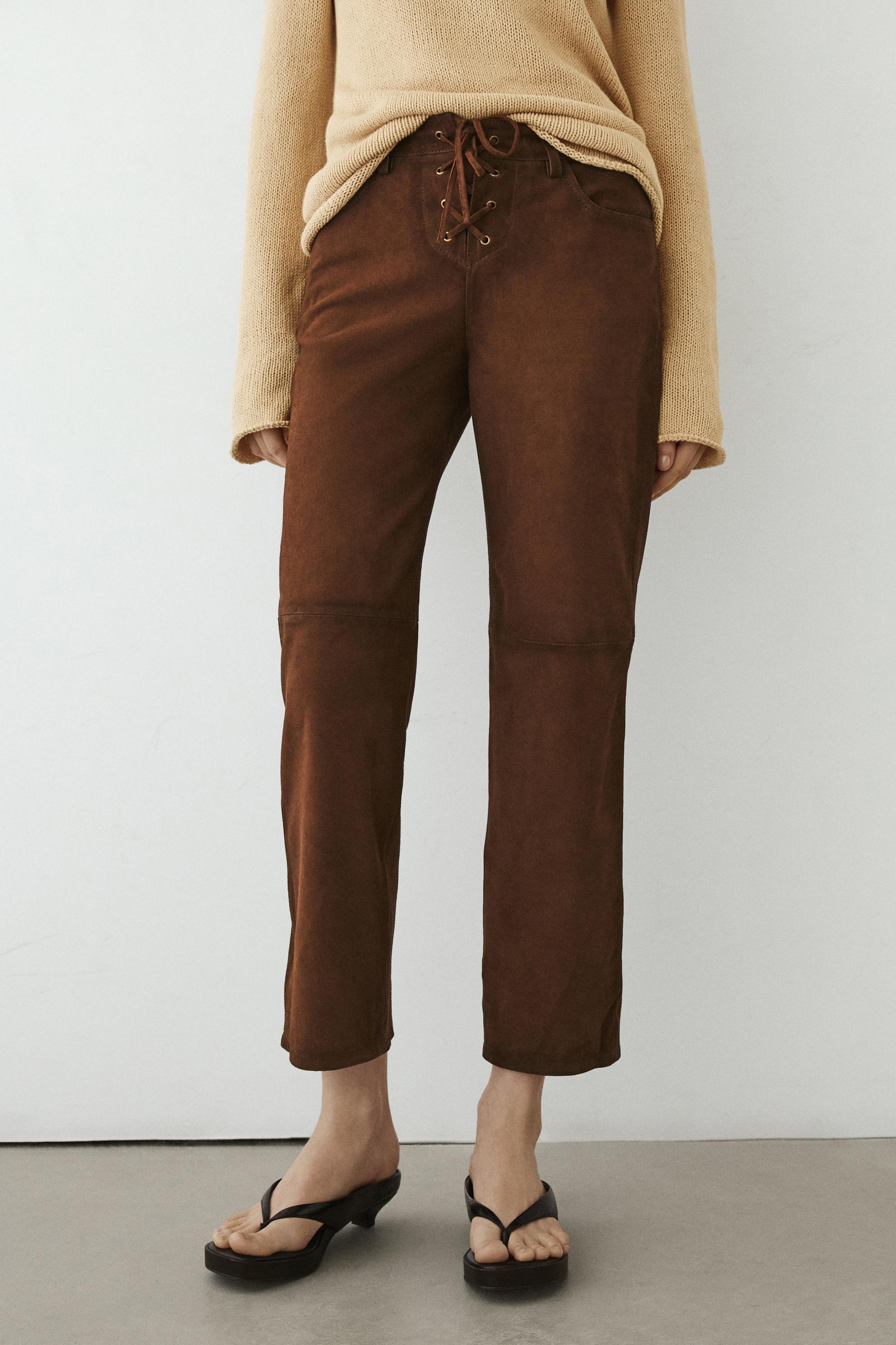 Cropped suede leather trousers with drawstrings — BROWN