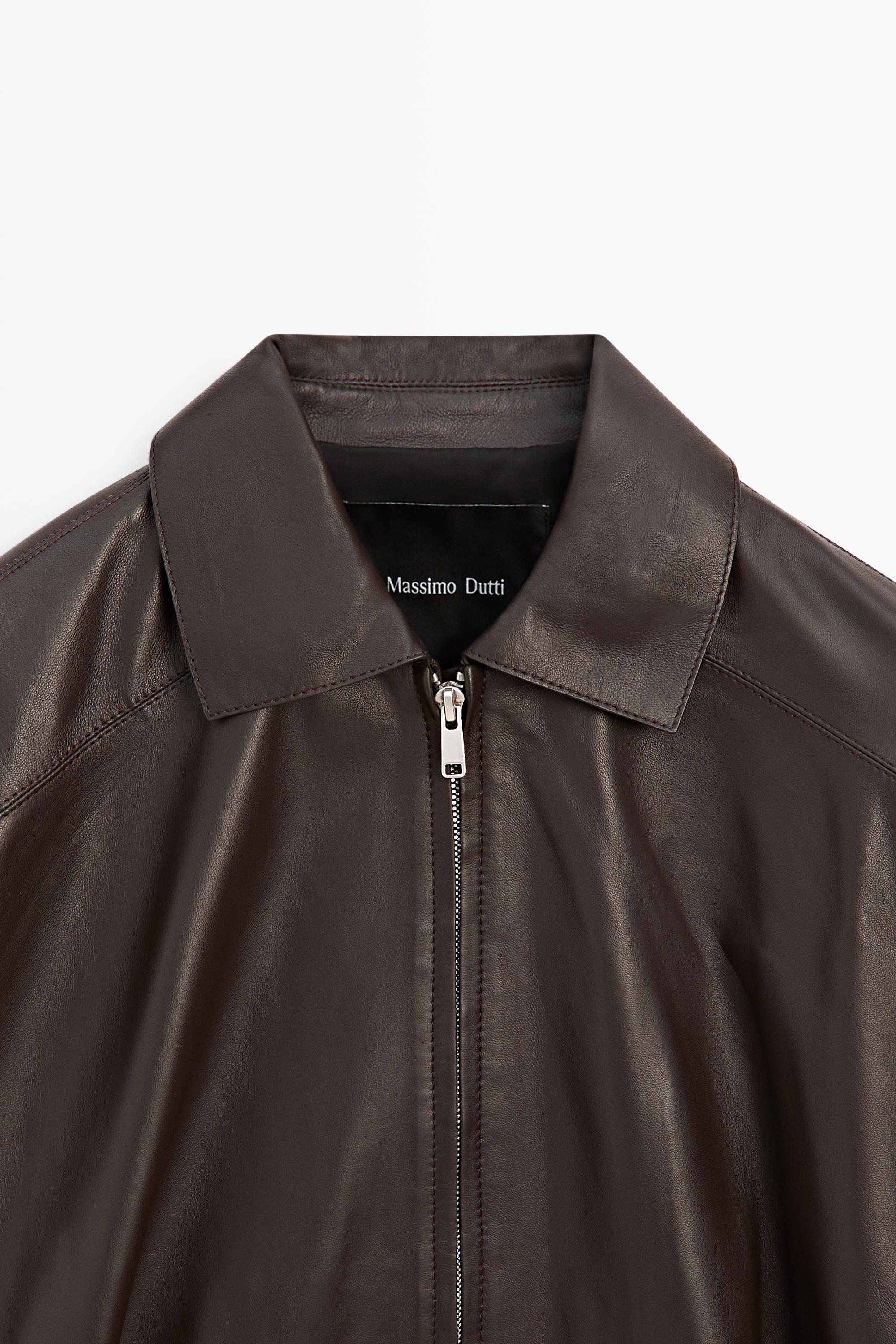 Nappa leather bomber jacket with pleat detail — BROWN