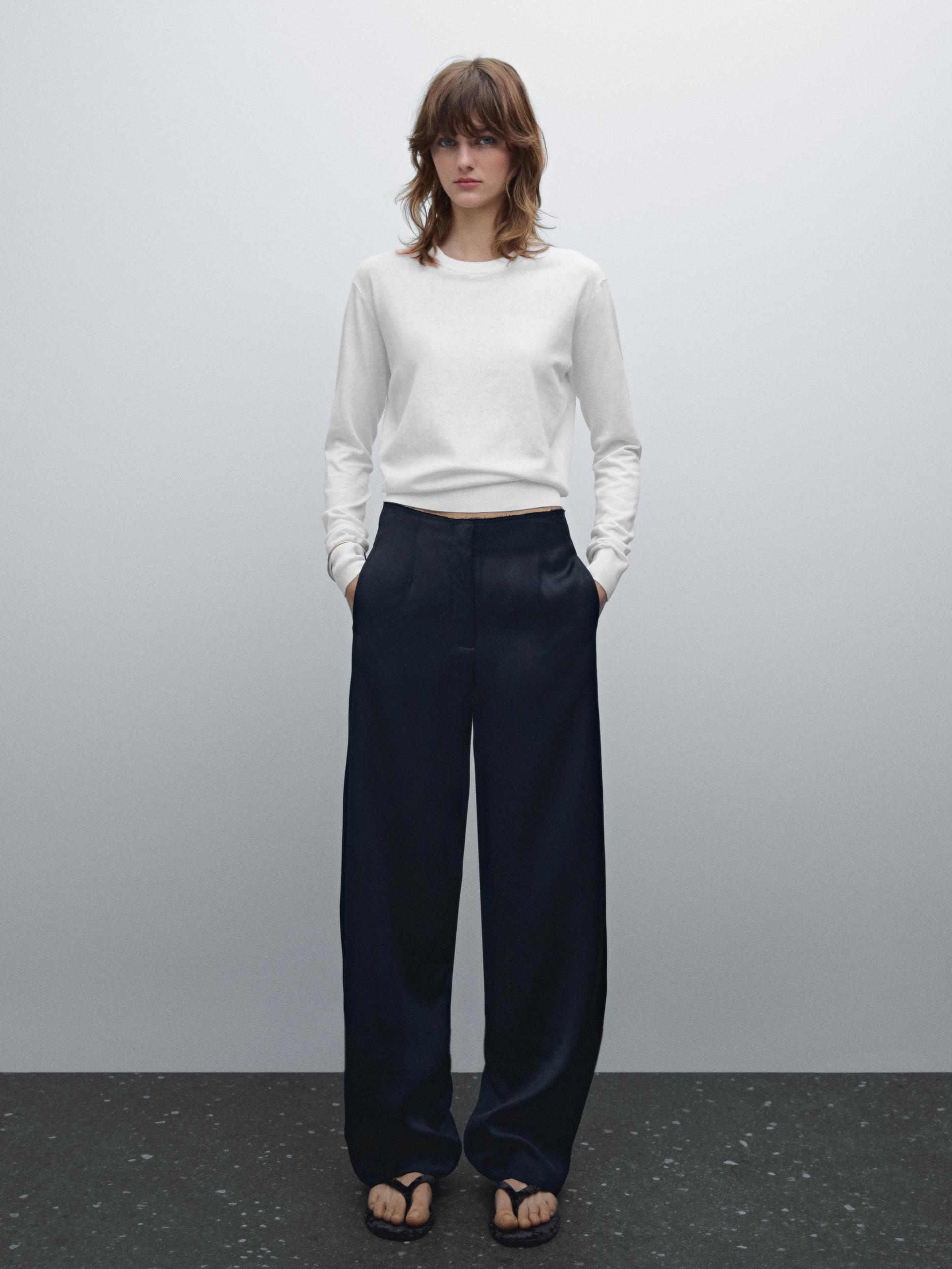 Dzianinowy Sweter Z Mieszanki Bawełny - Śnieżnobiały - Xs - Massimo Dutti - Kobieta