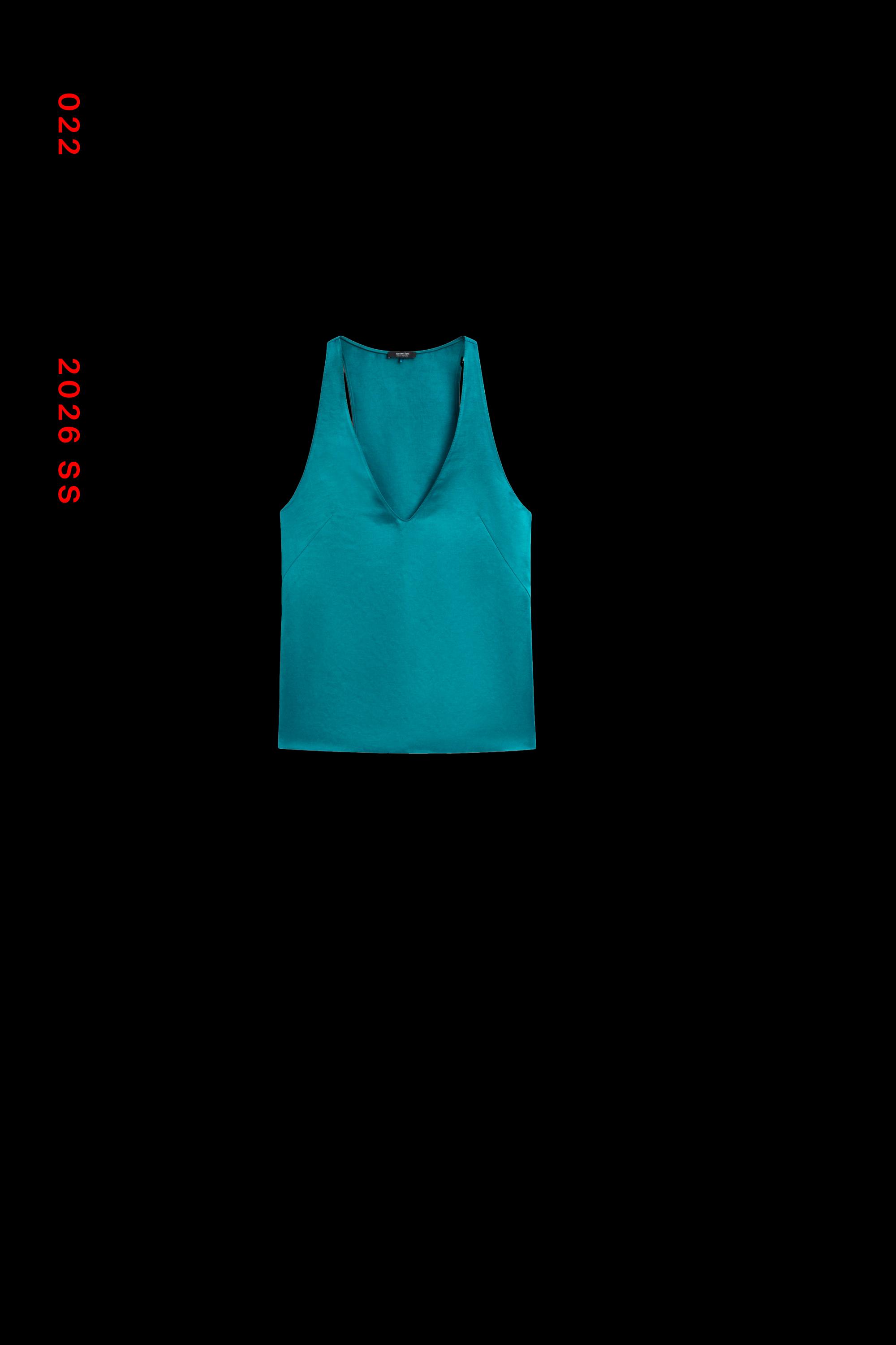 Satin linen blend V-neck top — TURQUOISE