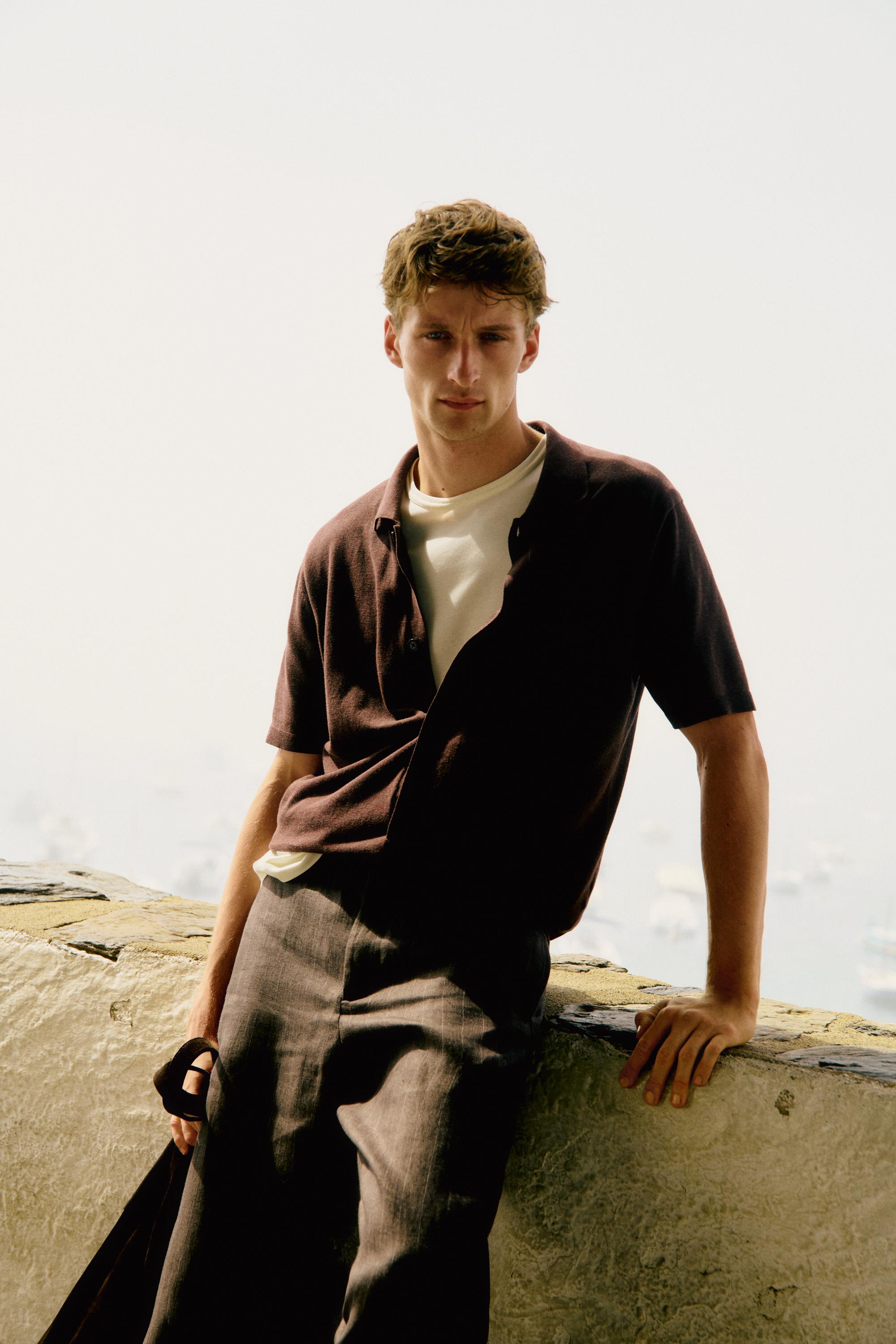 Short sleeve button-up knit cardigan — MAHOGANY