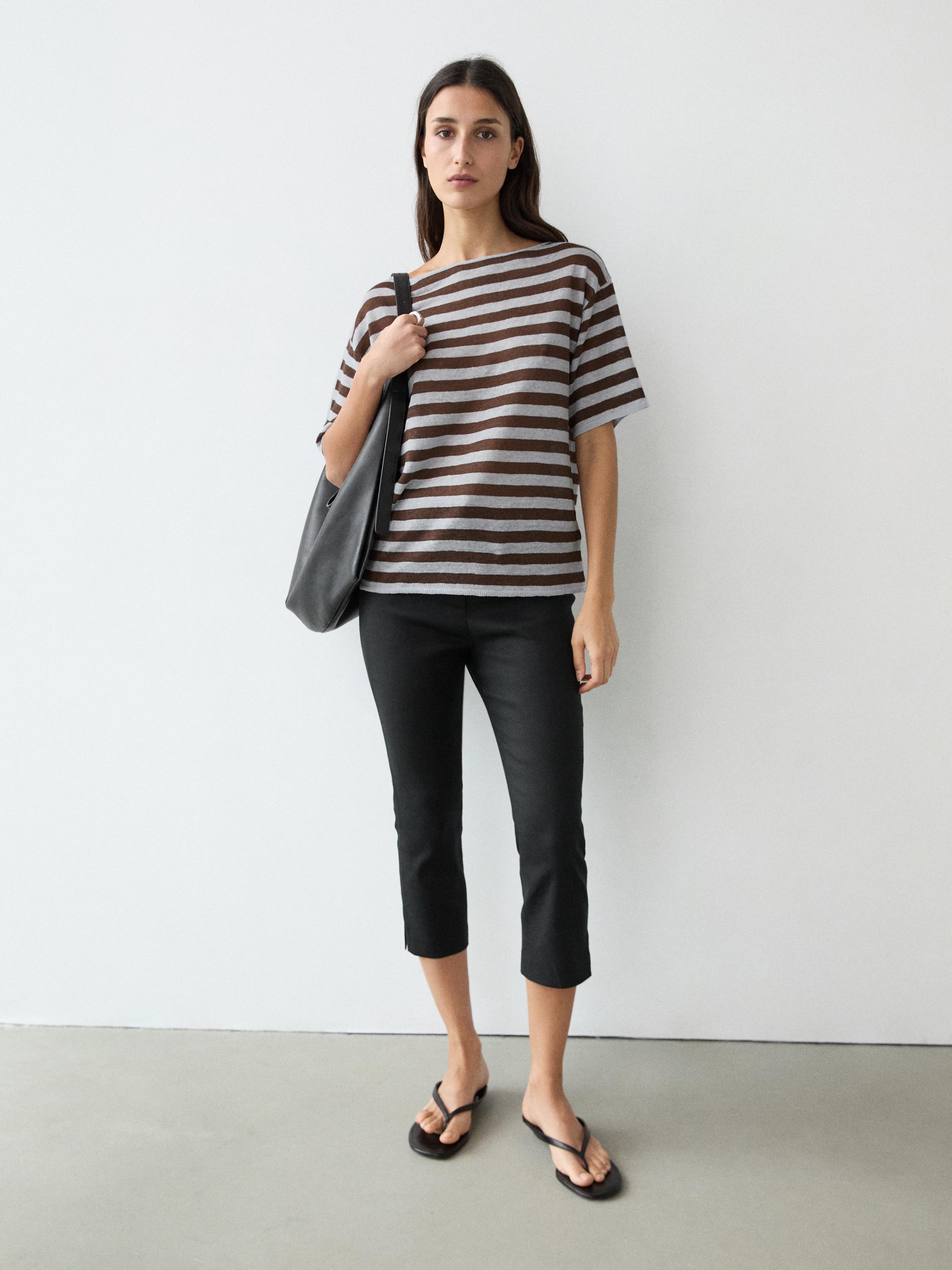 Striped linen boat neck T-shirt · Sky Blue · T-shirt | Massimo Dutti