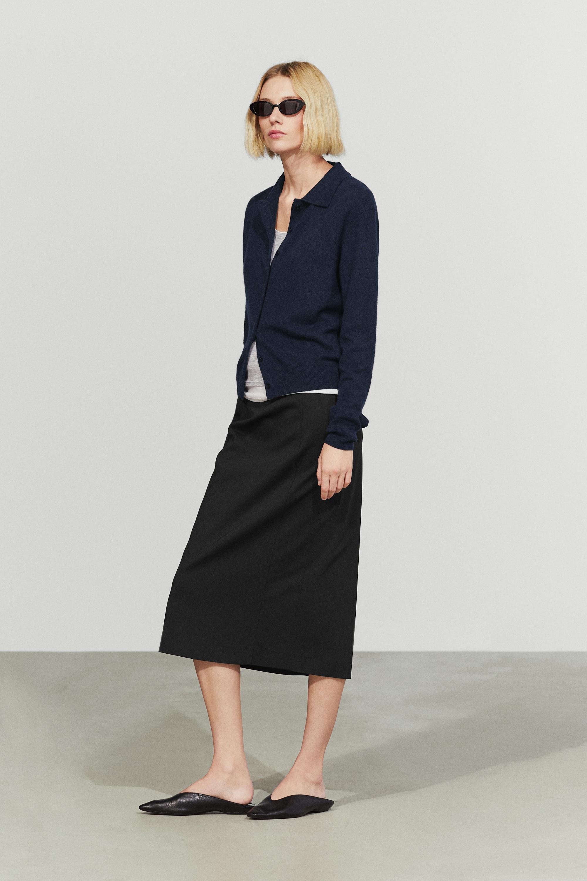 100% cashmere knit polo collar cardigan — NAVY BLUE