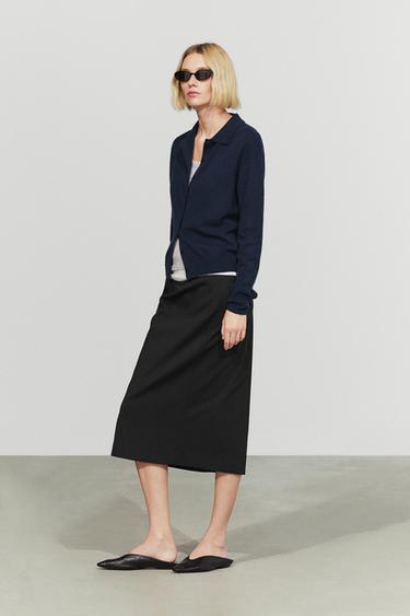 100% cashmere knit polo collar cardigan — NAVY BLUE 8