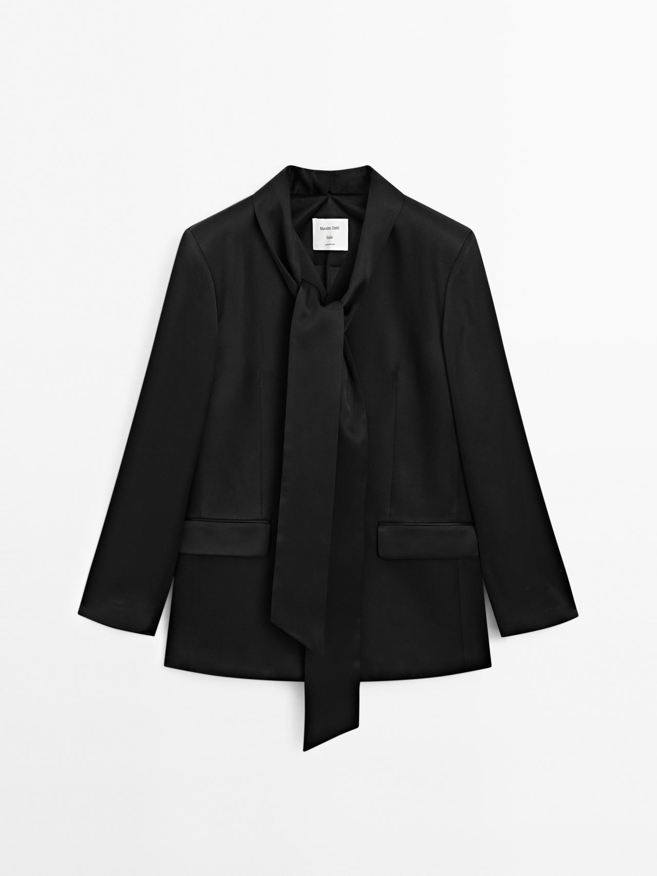 Massimo Dutti - Dame - Blazer I Satin Med Tørklædedetalje – Studio - Sort - Xs