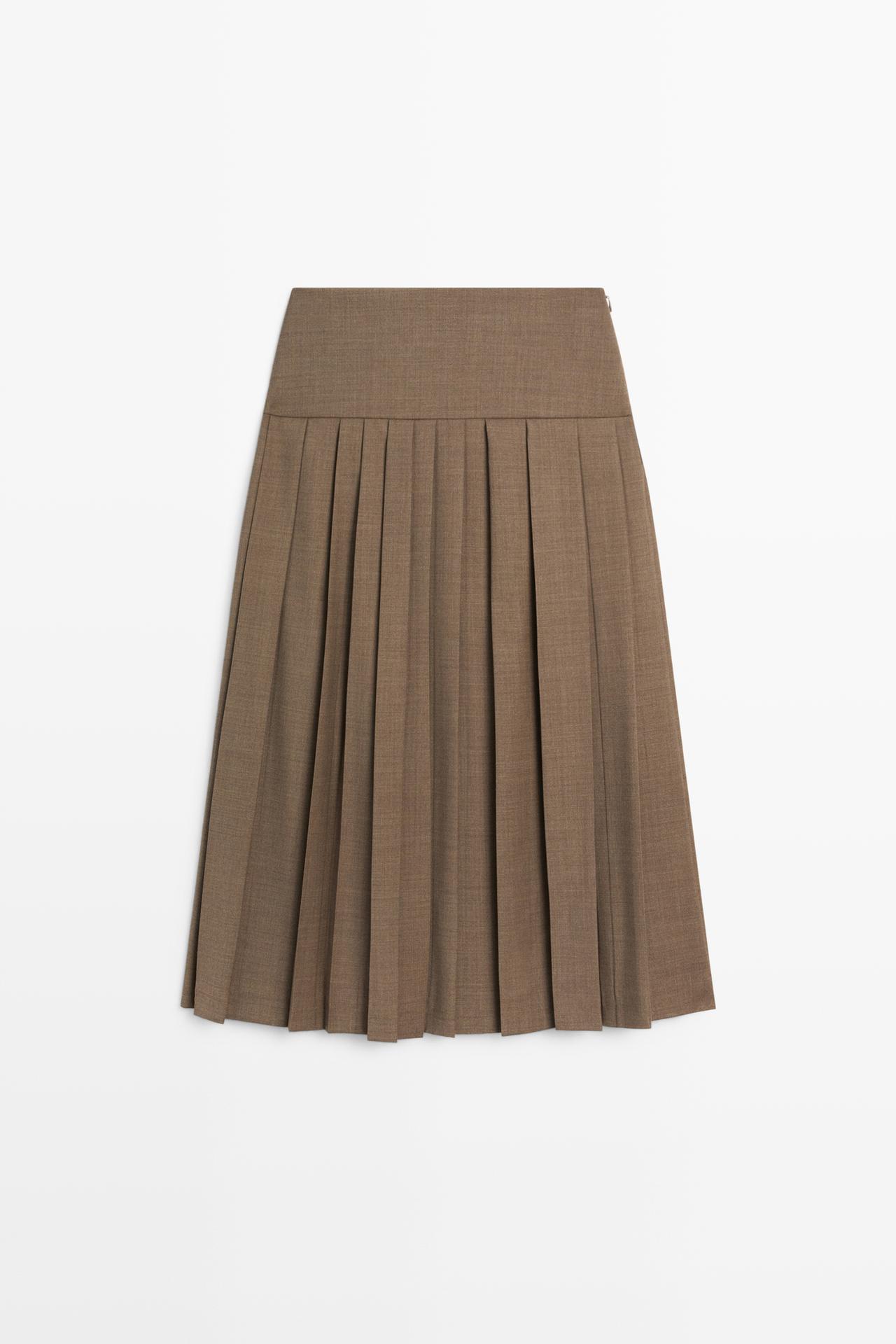 Pleated wool-blend midi skirt — BROWN