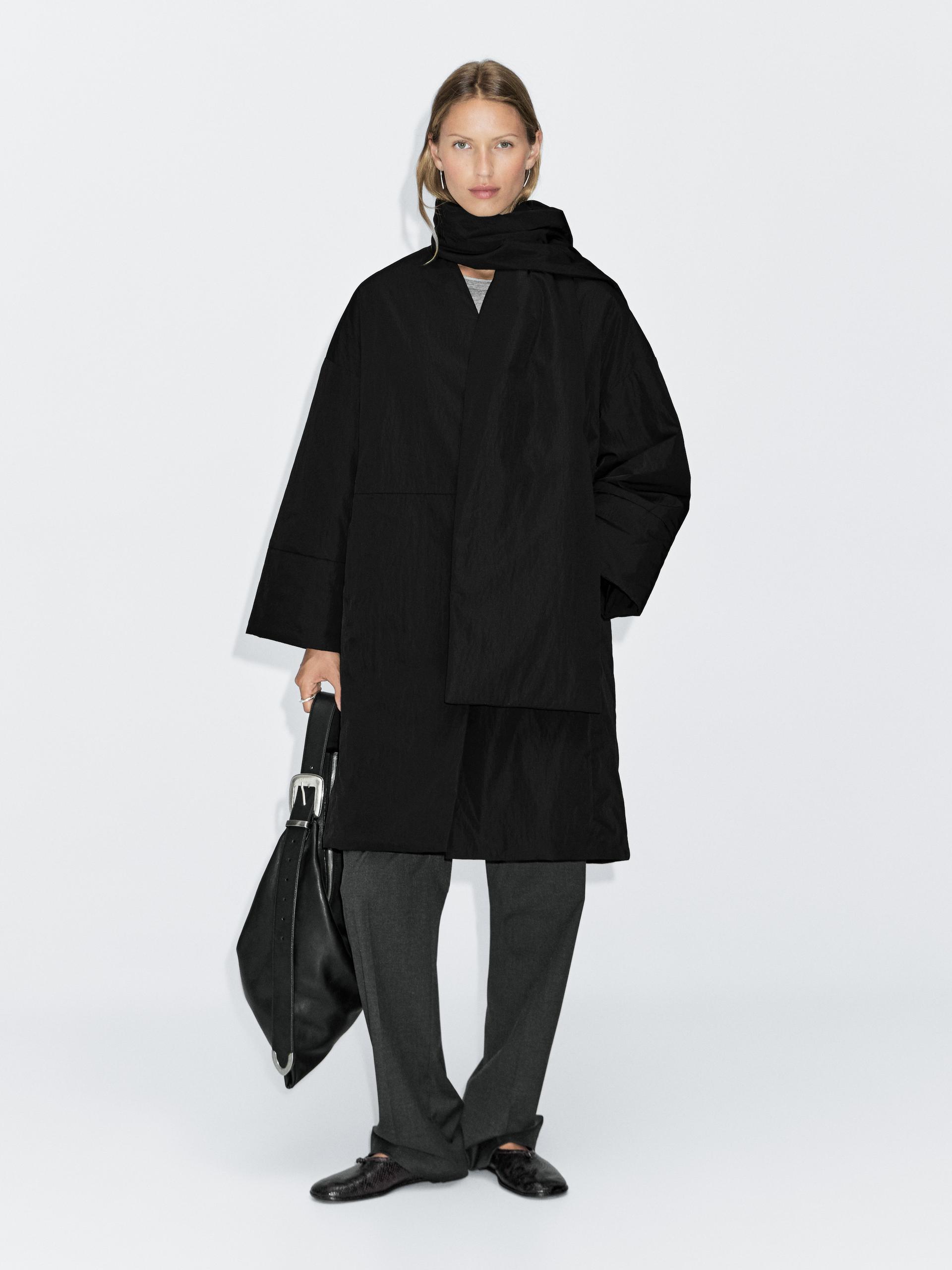 Casaco Comprido Acolchoado Com Pormenor De Cachecol - Preto - L - Massimo Dutti - Mulher