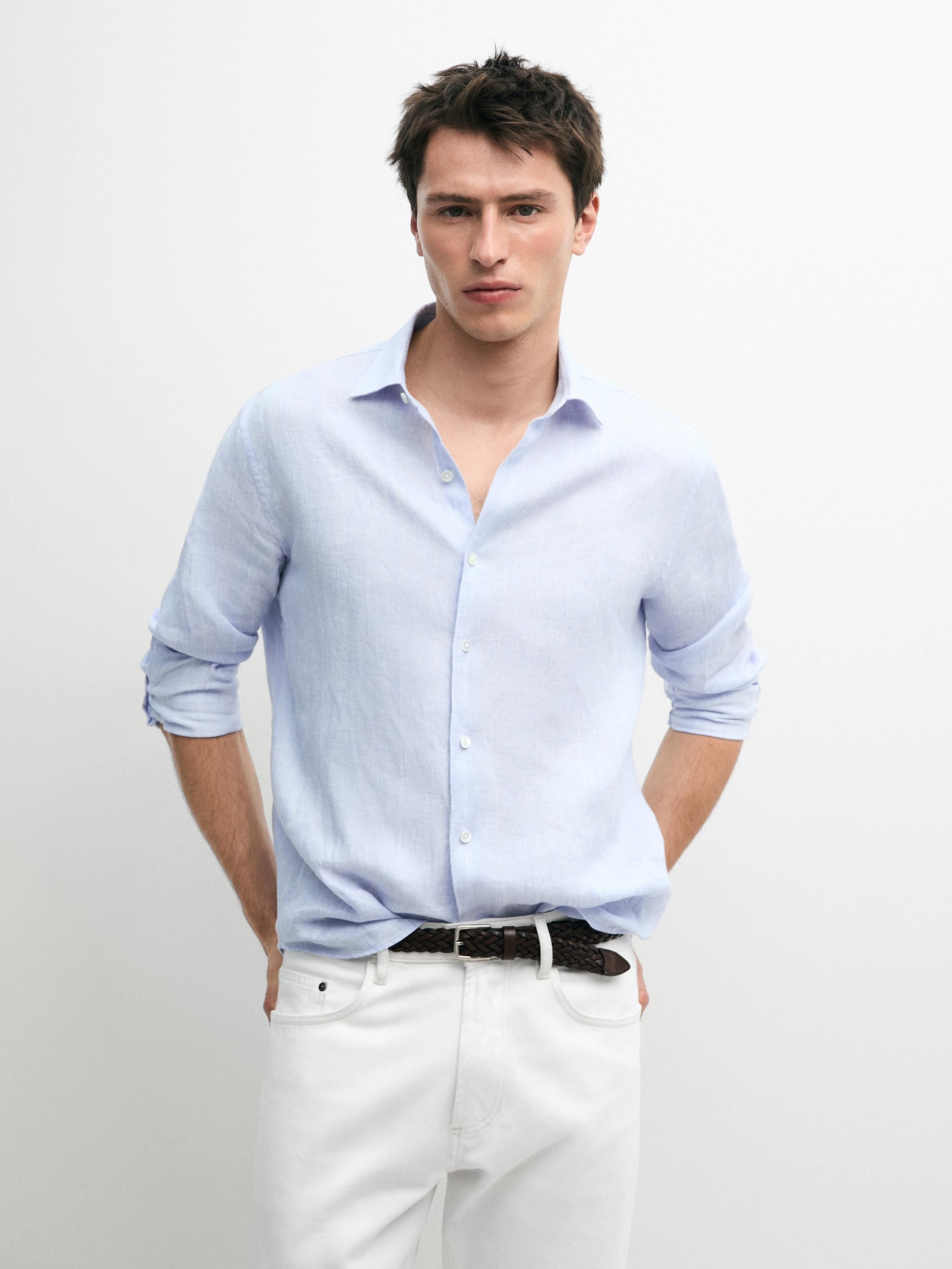 100% linen regular fit striped shirt — Light Blue