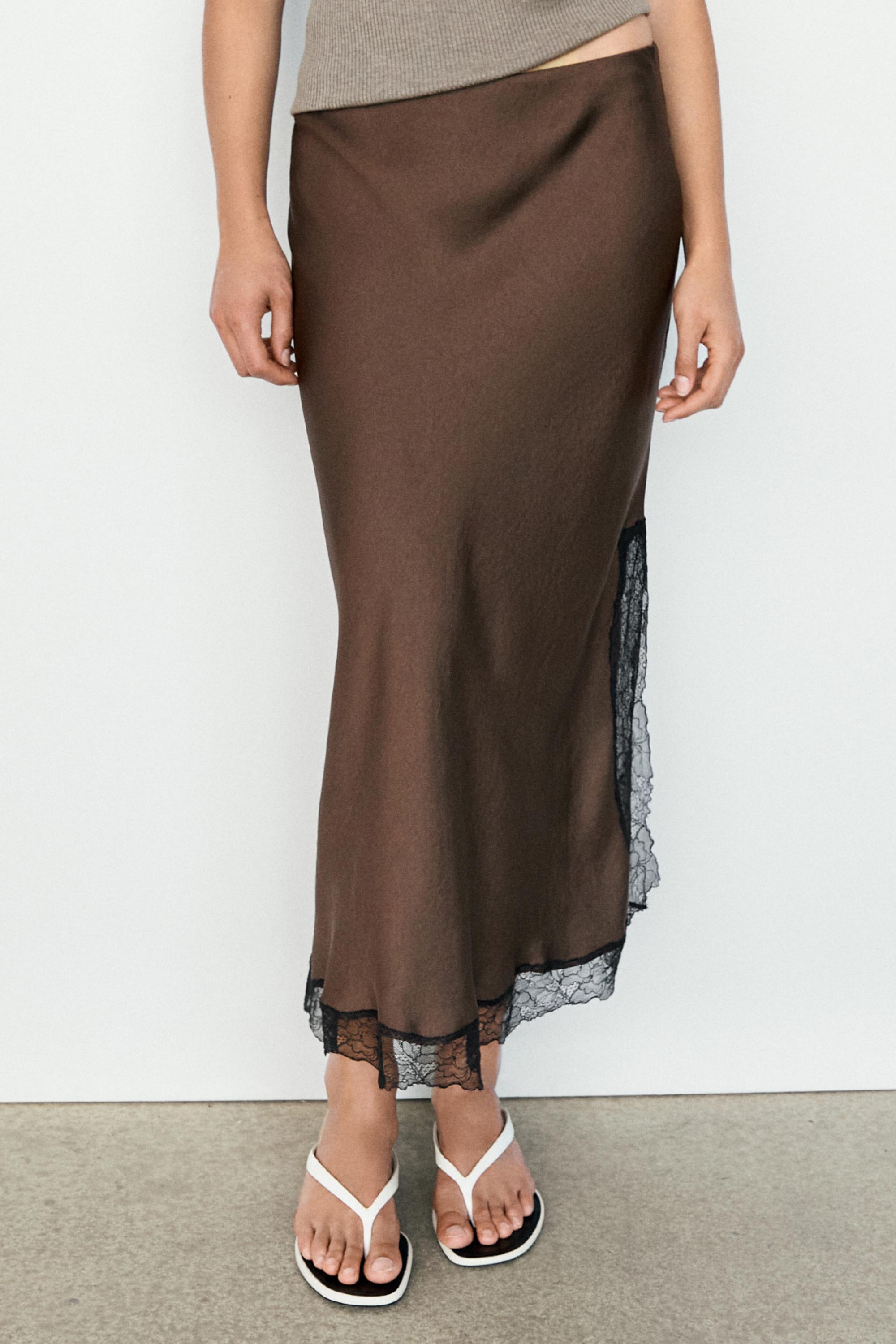 Lace-trimmed midi skirt — BROWN MARL