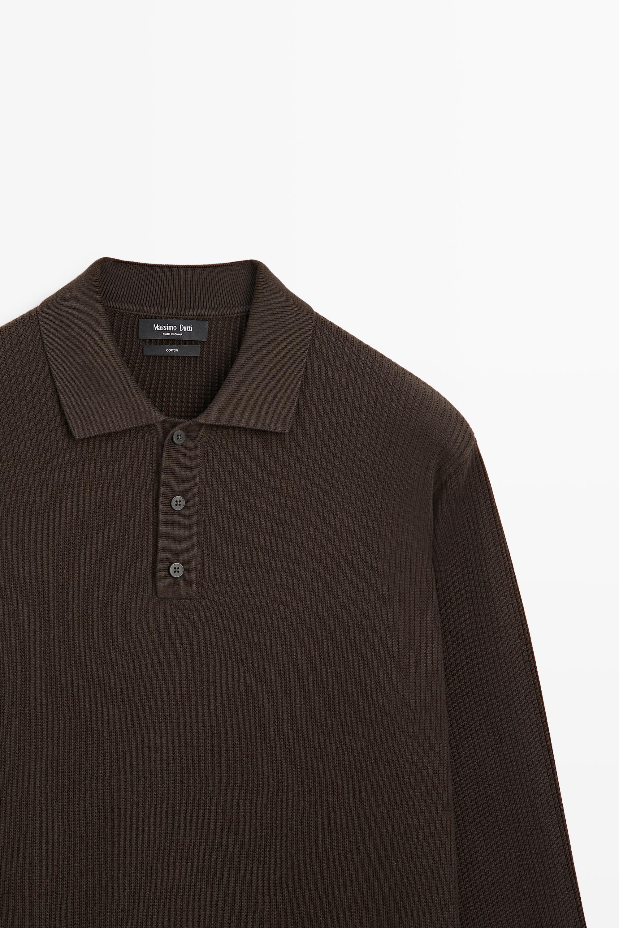 Button-detail polo knit sweater — BROWN MARL