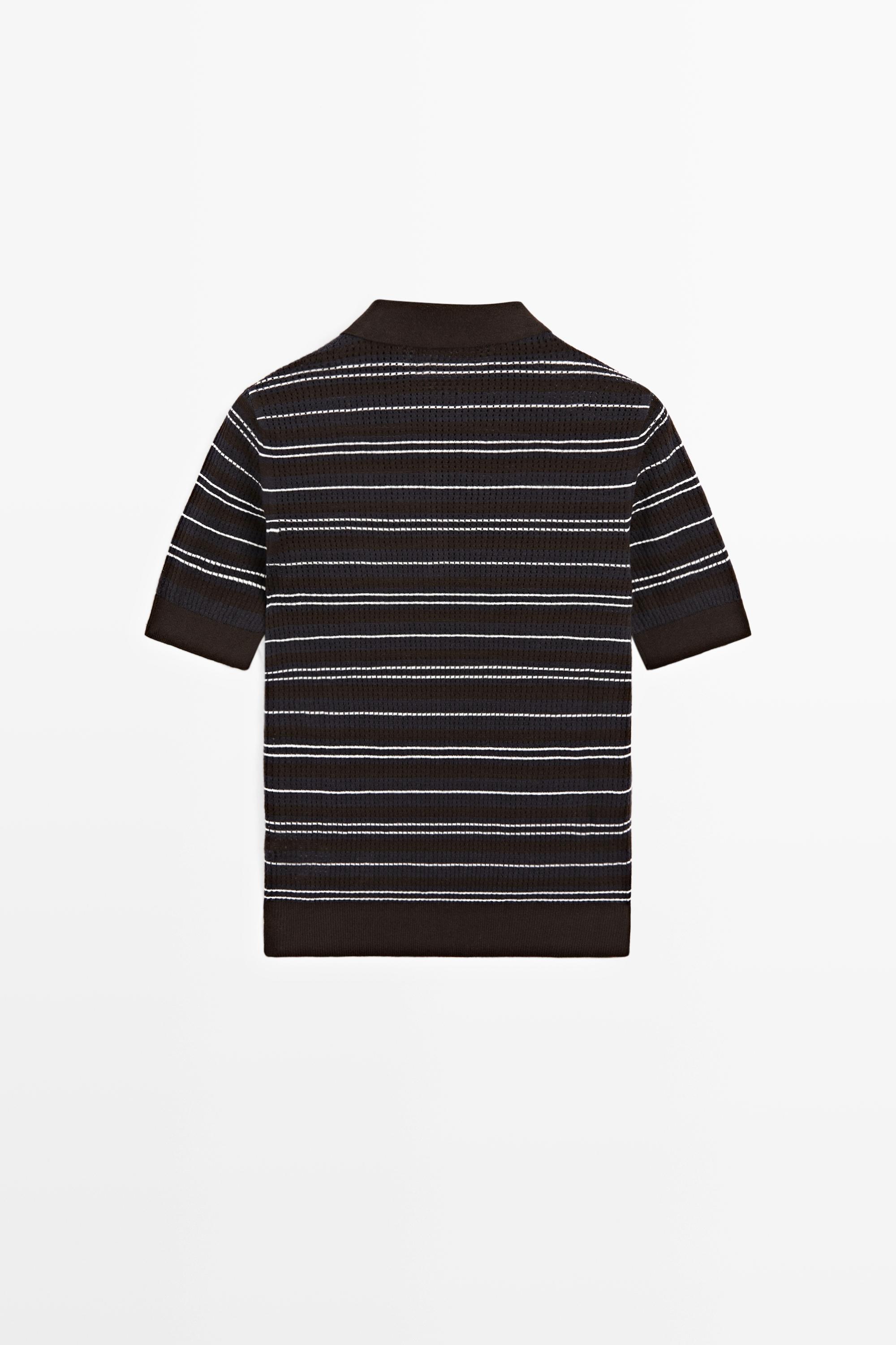 Cotton blend striped open-knit polo shirt — BLUE
