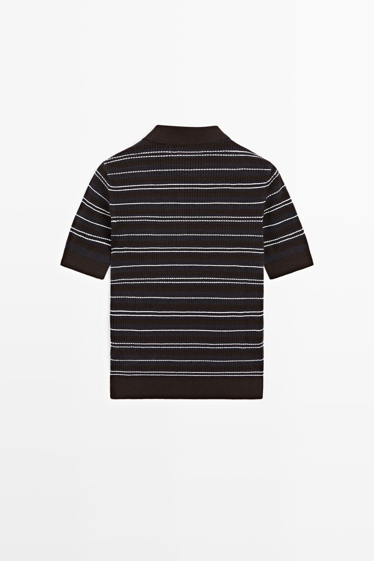 Cotton blend striped open-knit polo shirt — BLUE