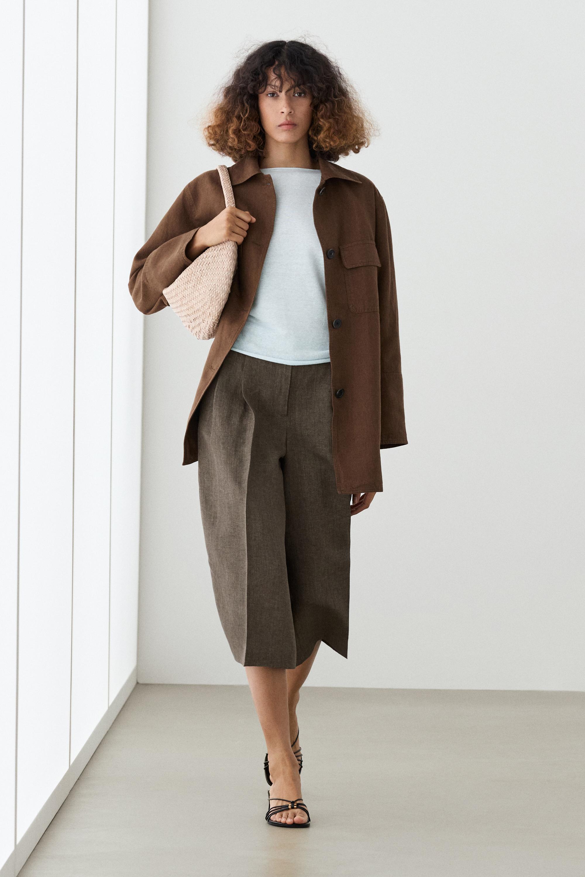 100% linen blazer with pockets and belt detail — BROWN