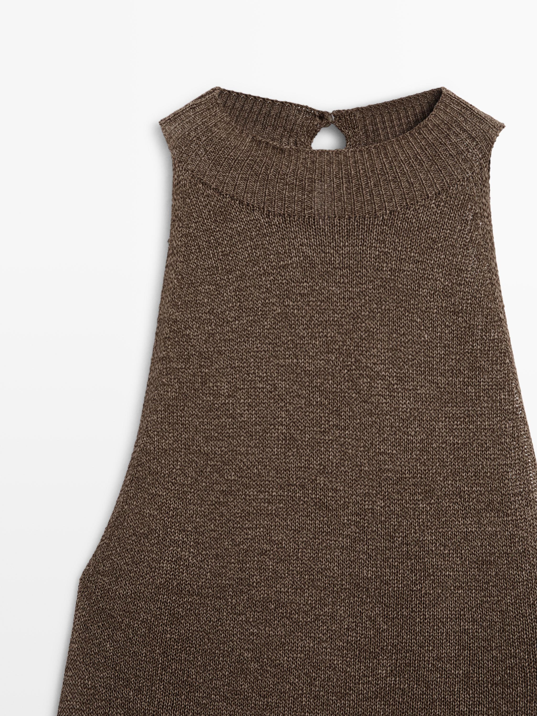 Total look asymmetric halter knit top — BROWN
