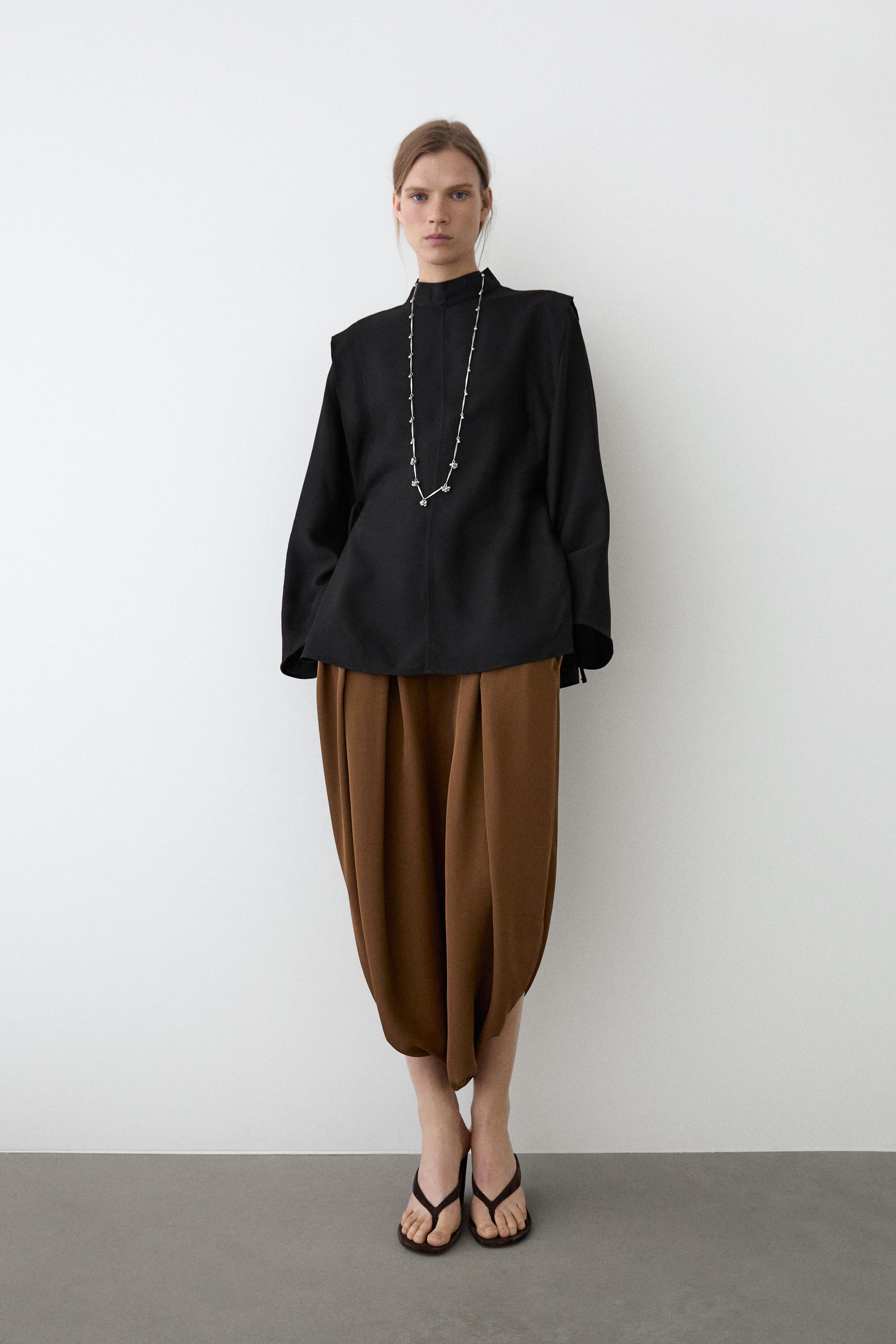 Mock turtleneck shirt with tie details — BLACK