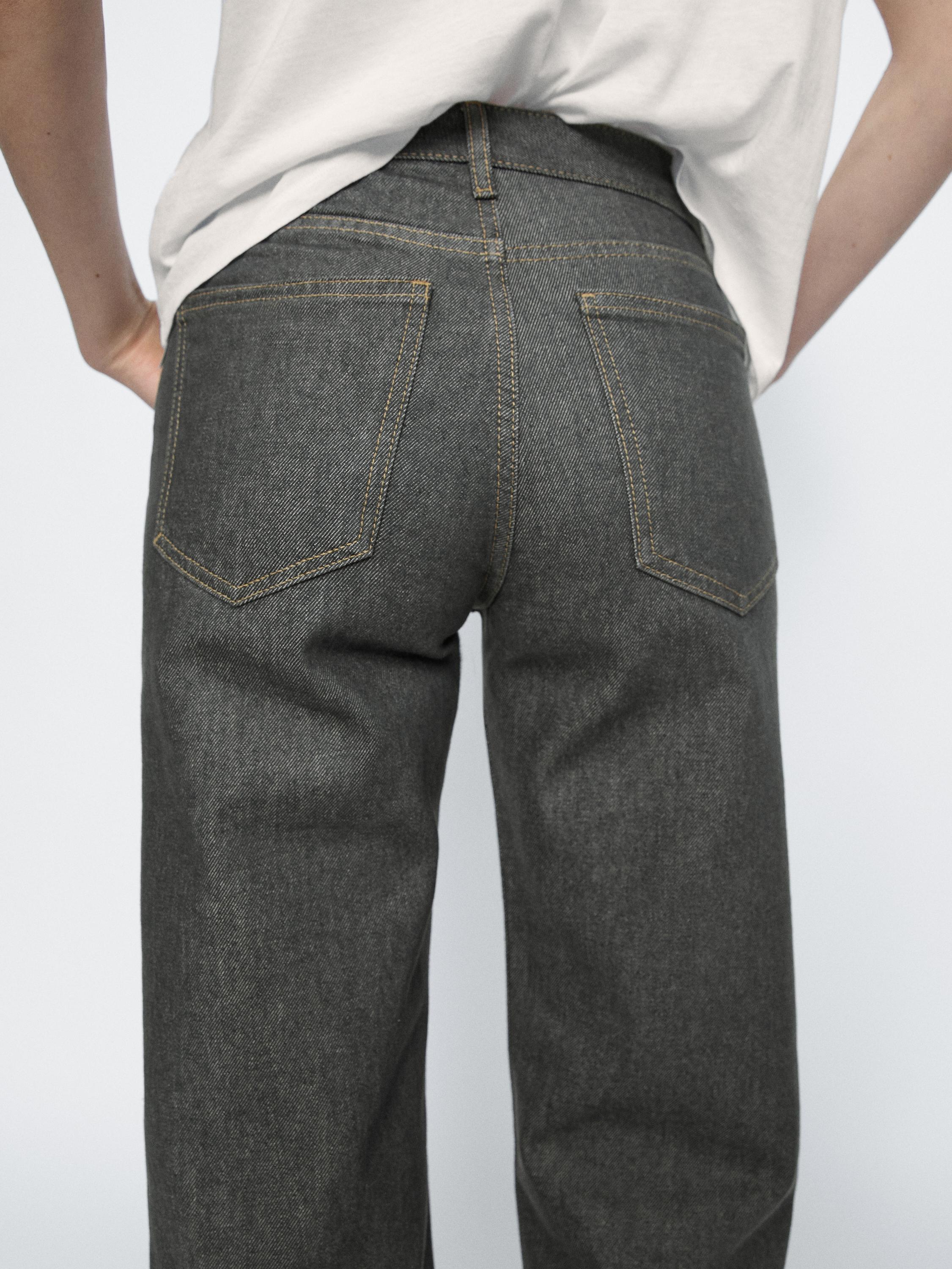 بنطلون جينز قطن بخصر متوسط وساق عريضة