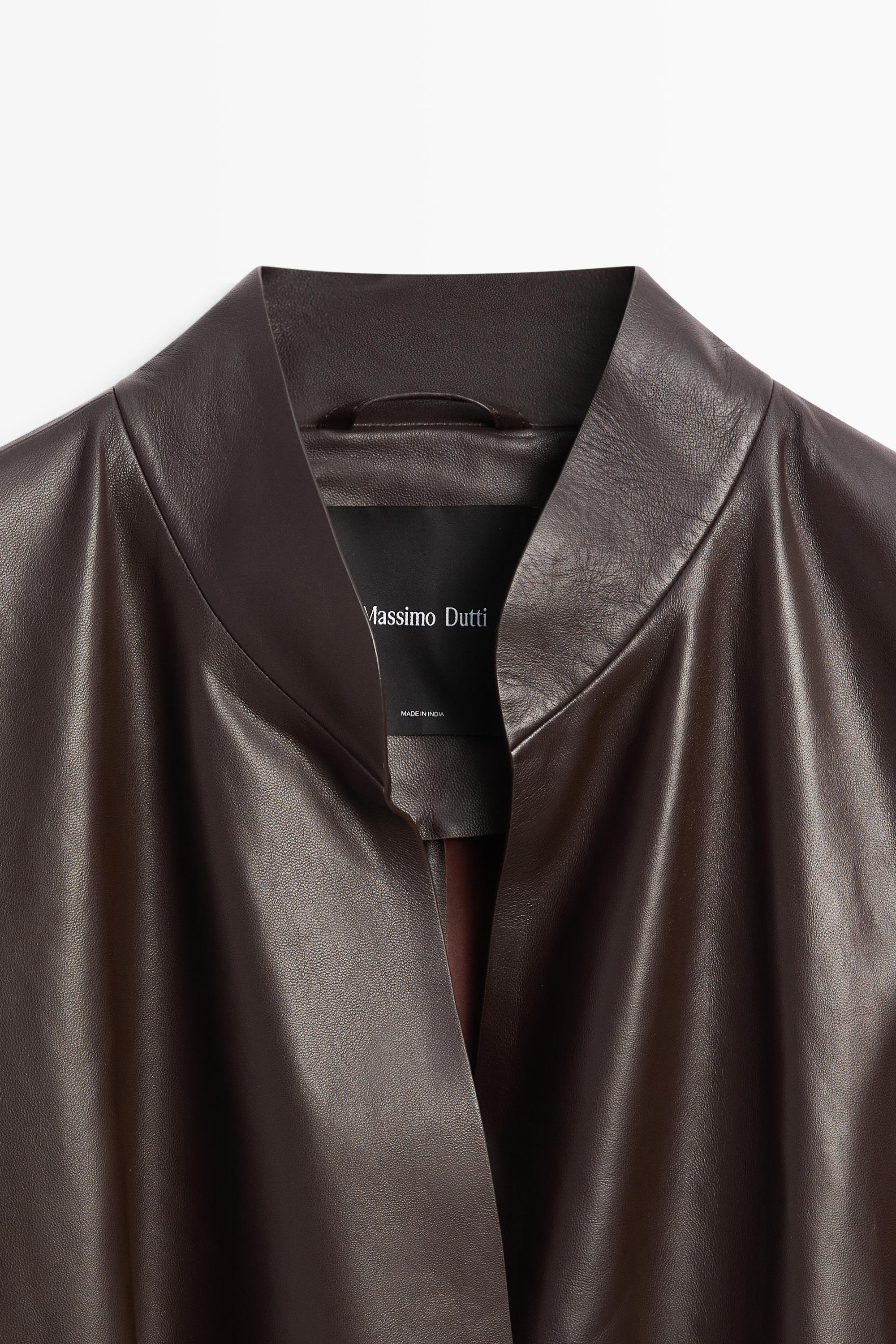 Wrap-front nappa leather jacket with tie detail — BROWN