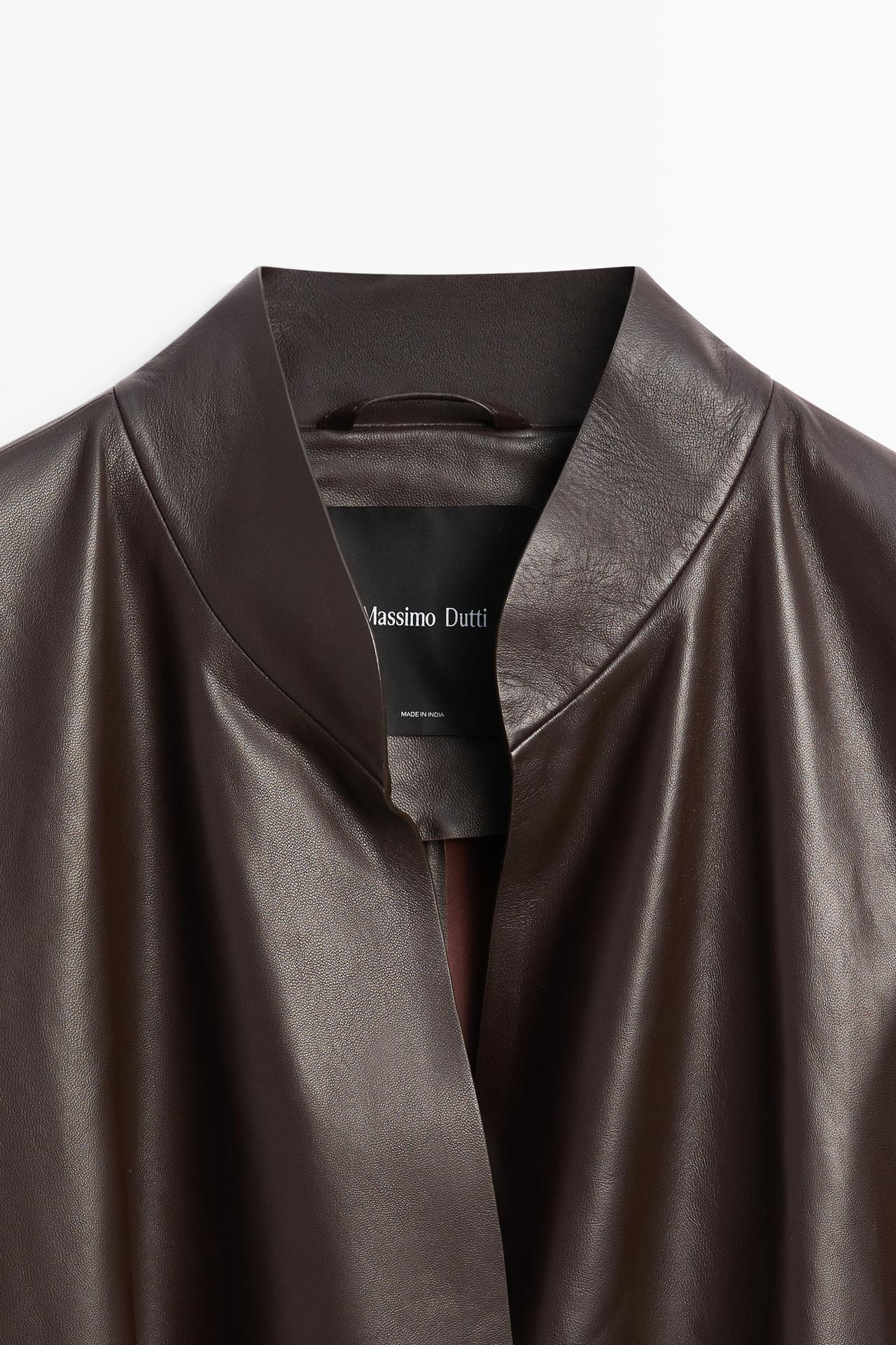 Wrap-front nappa leather jacket with tie detail — BROWN