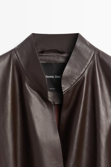 Wrap-front nappa leather jacket with tie detail — BROWN 4