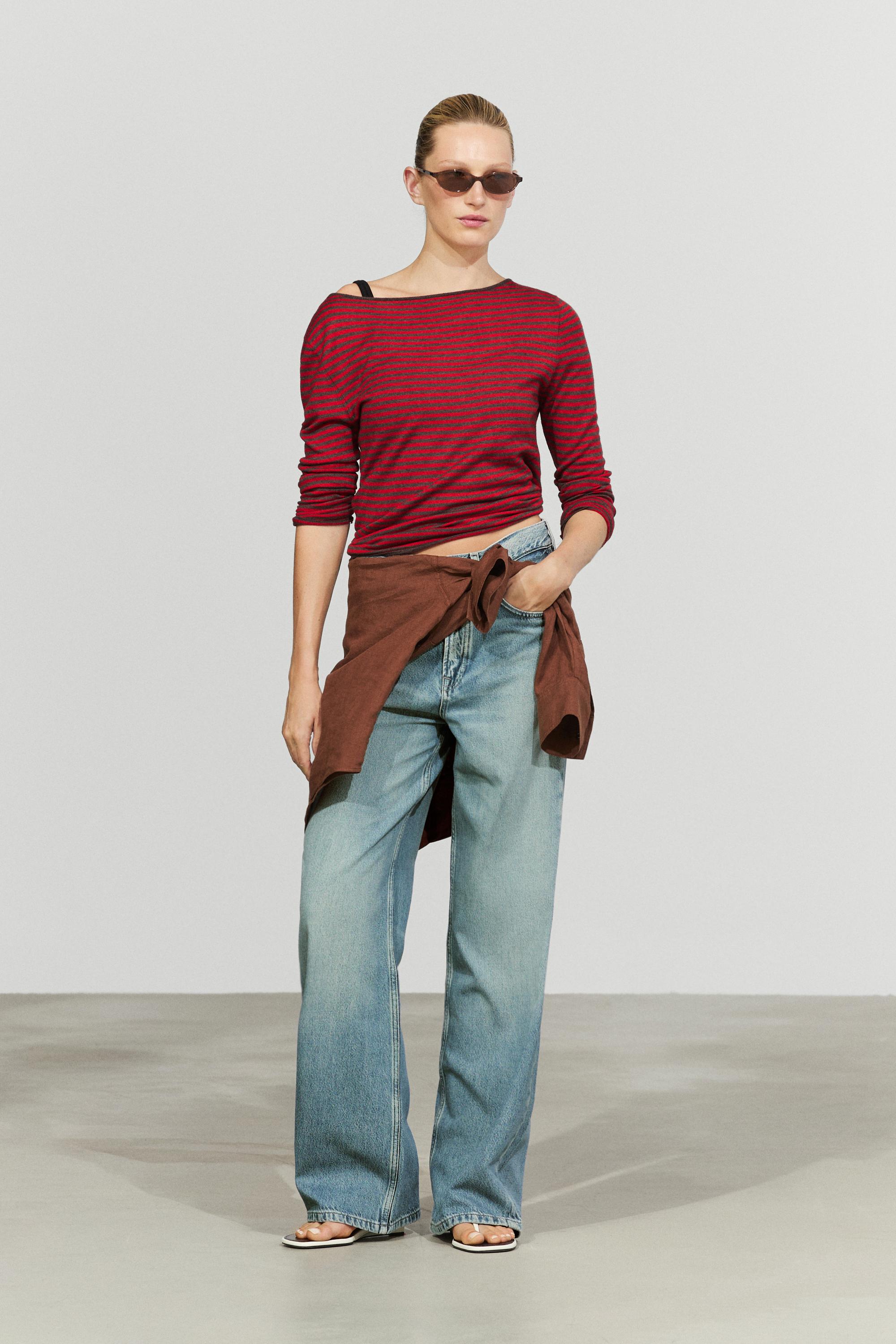 Striped wool-blend knit sweater — RED