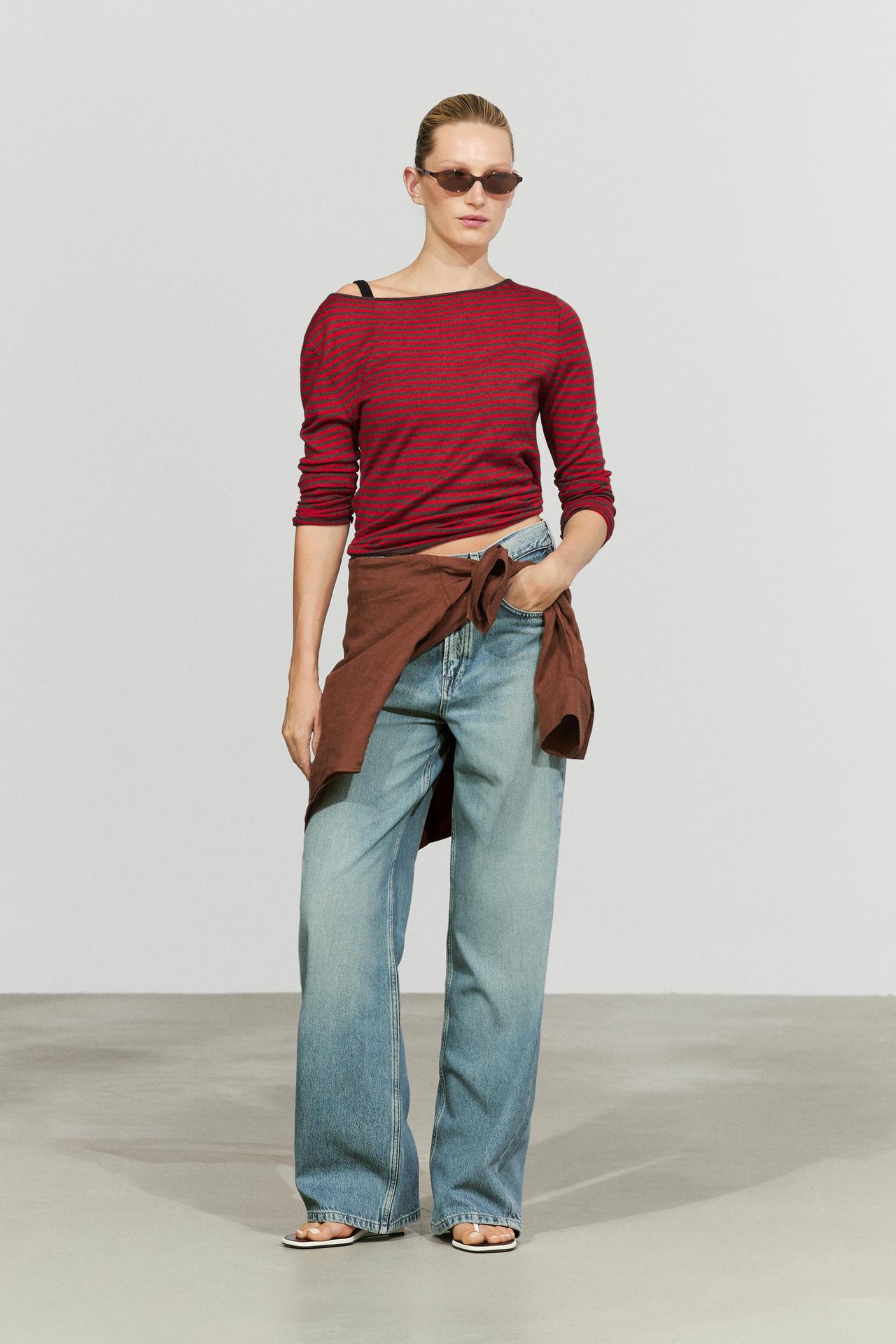 Striped wool-blend knit sweater — RED
