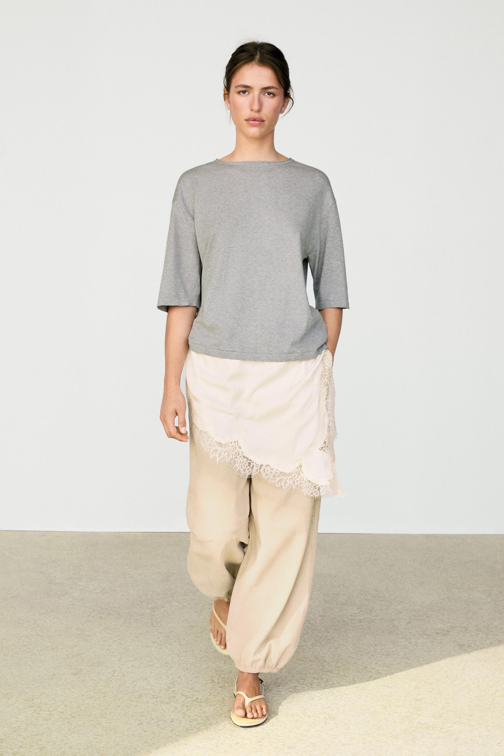 Sweater with contrast lace detail — MEDIUM GREY