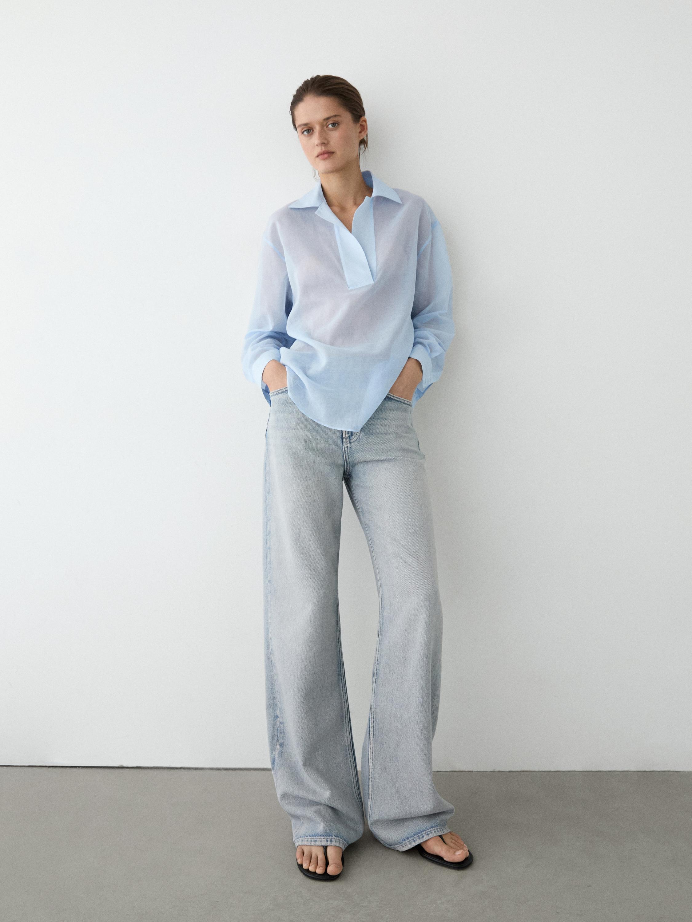 Flowing 100% cotton shirt with collar detail — SKY BLUE
