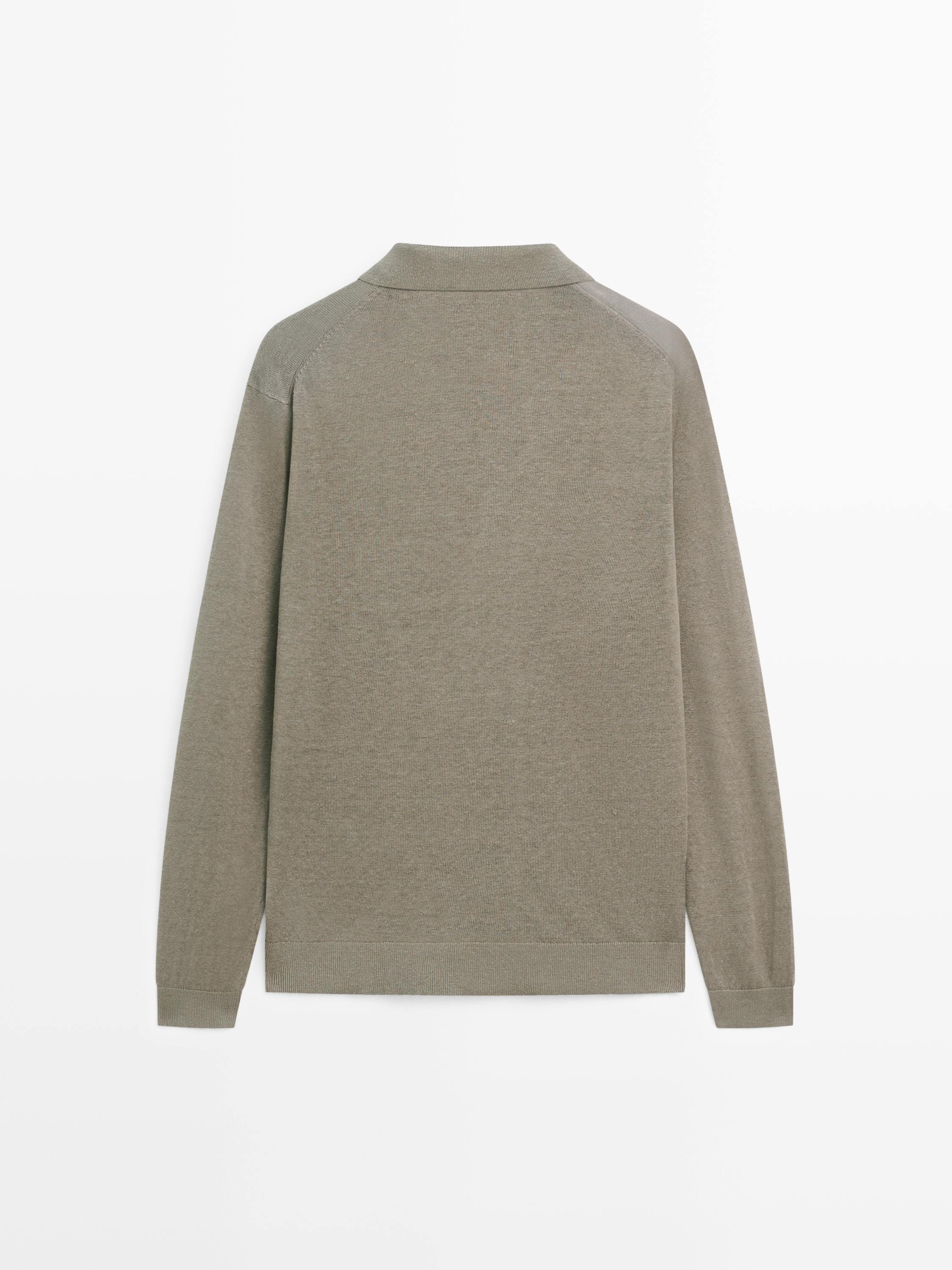 100% linen knit polo collar sweater — PALE KHAKI