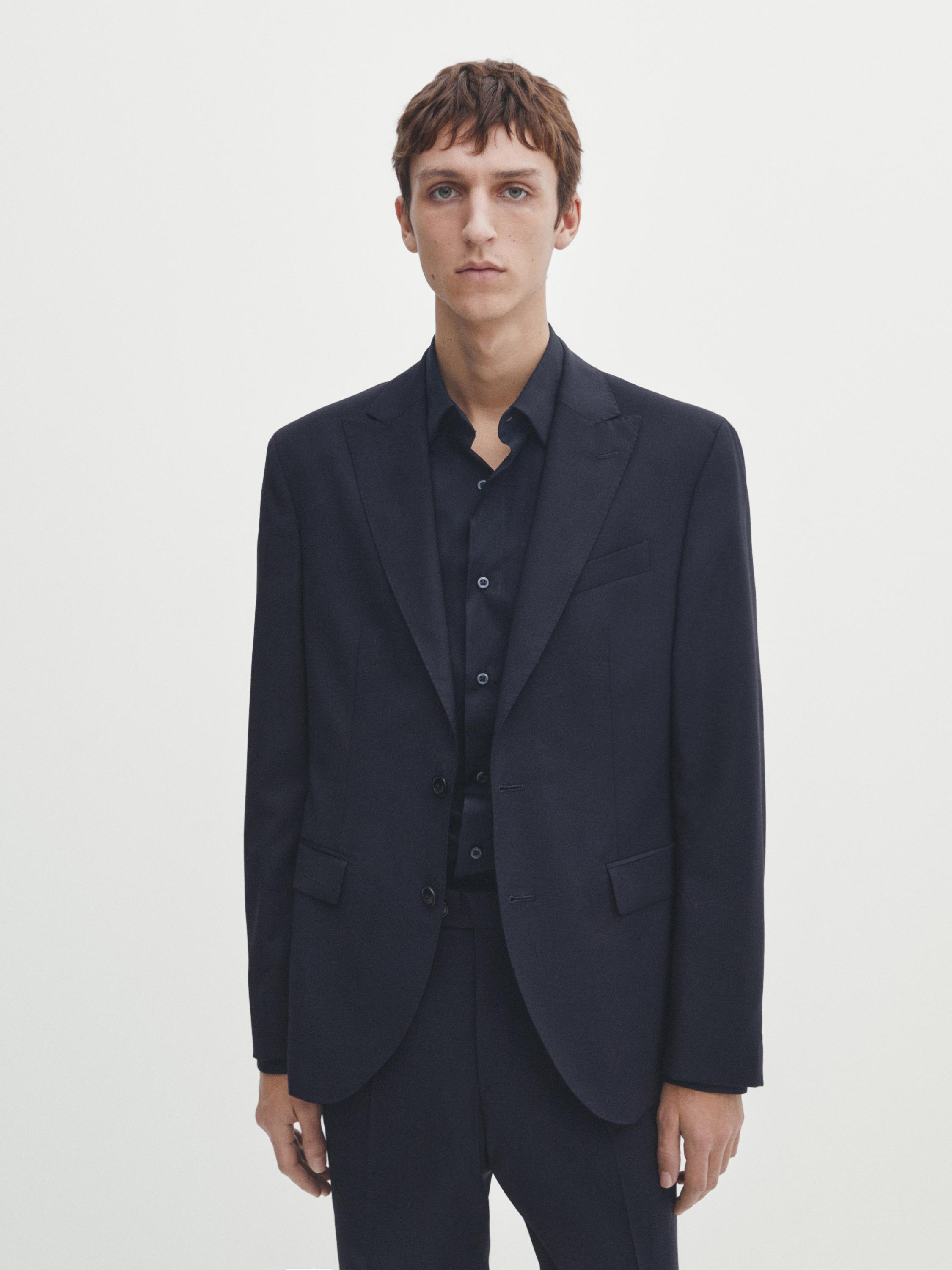 Veste de costume unie bleue en laine mélangée