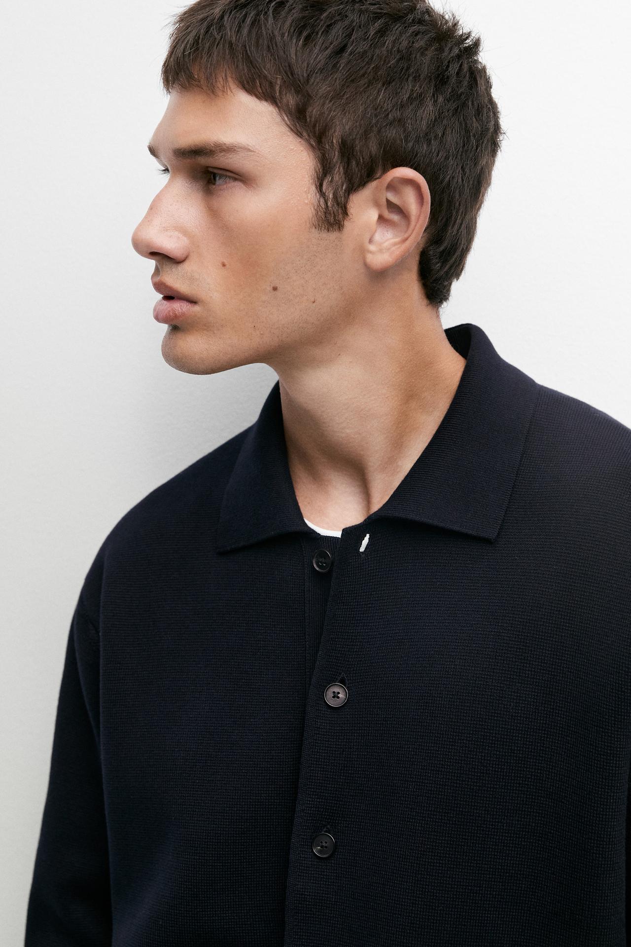 100% cotton knit polo collar cardigan — NAVY BLUE