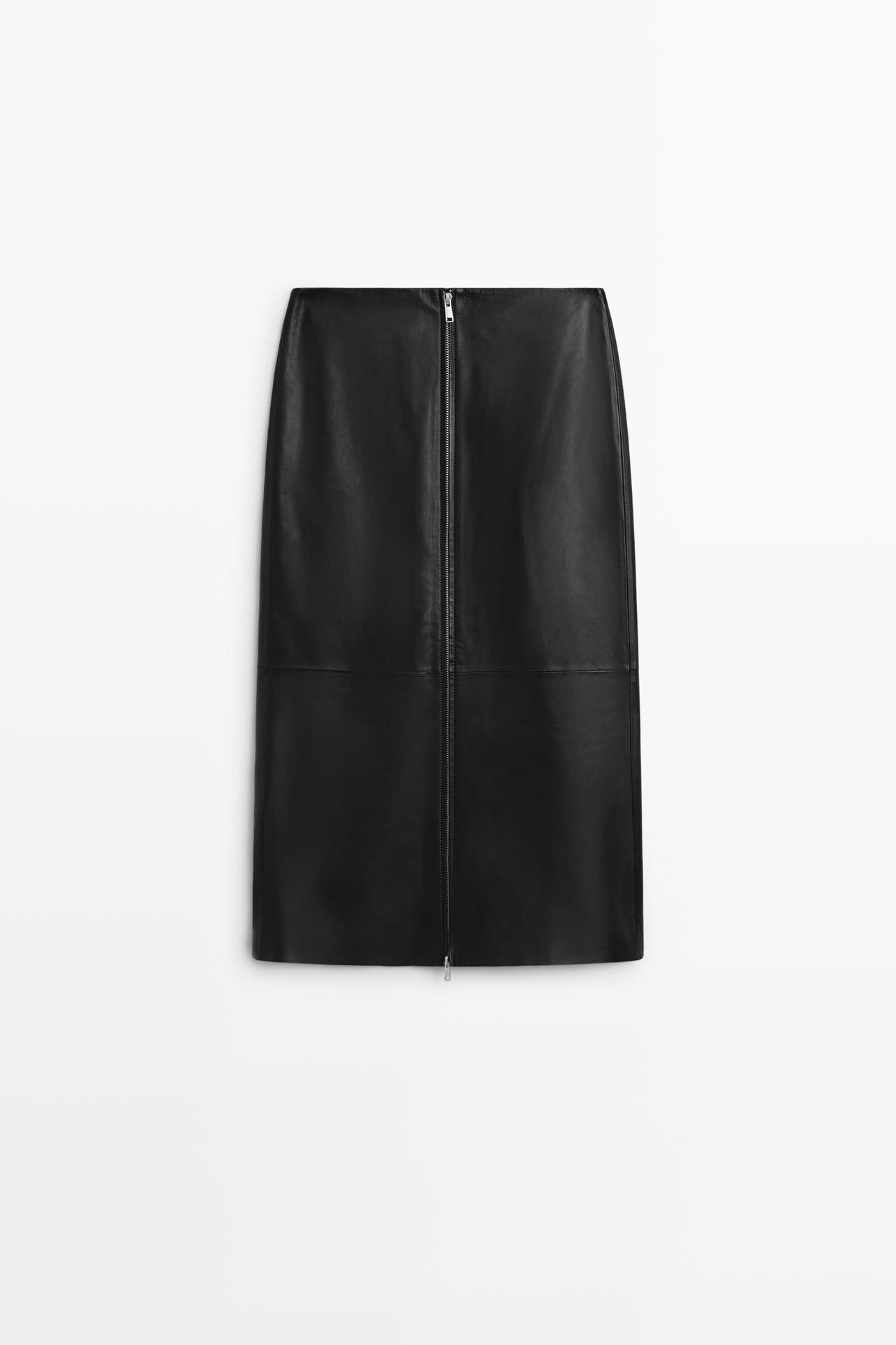 Nappa leather zip-front midi skirt — BLACK