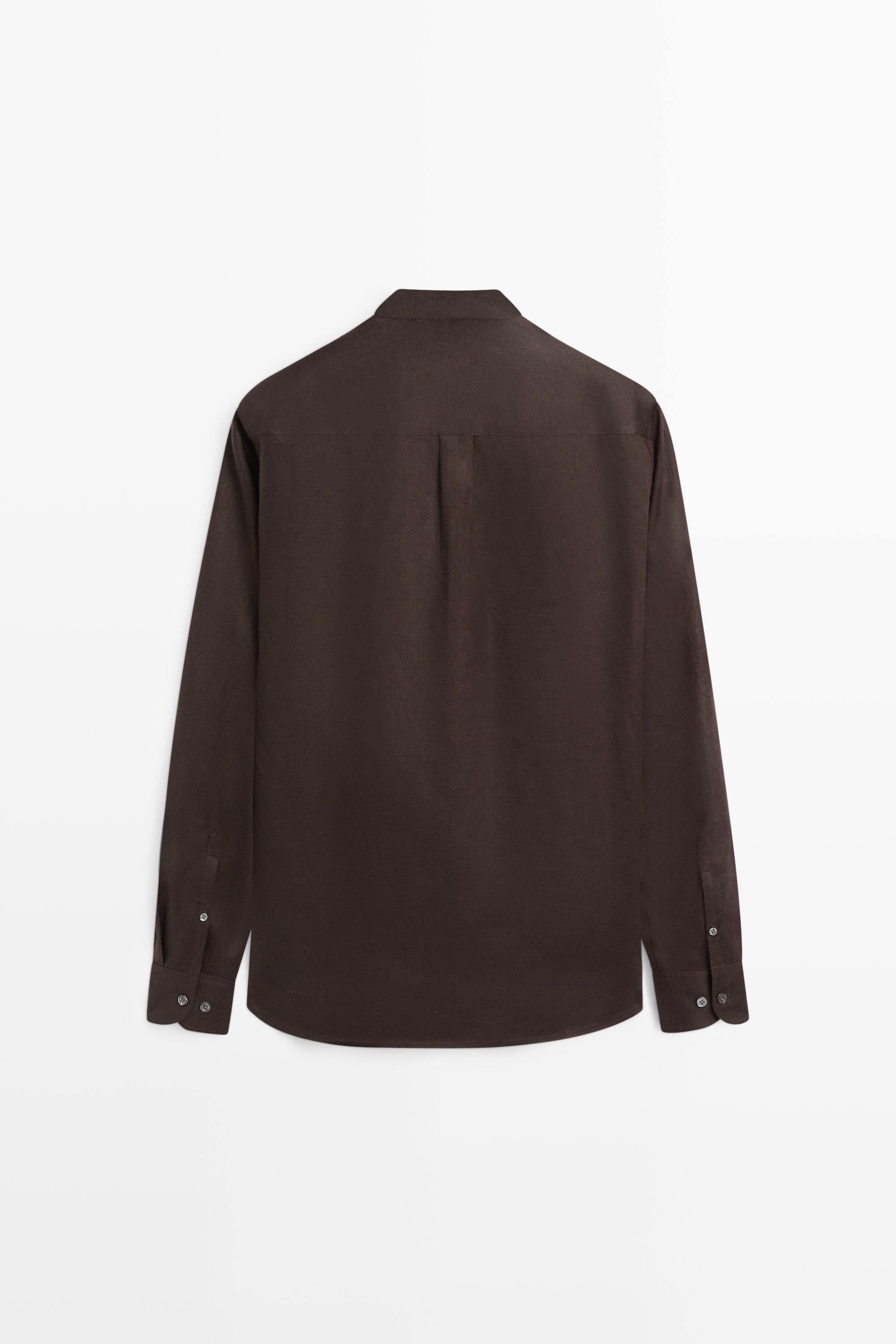 Regular fit stand collar 100% linen shirt — Chocolate