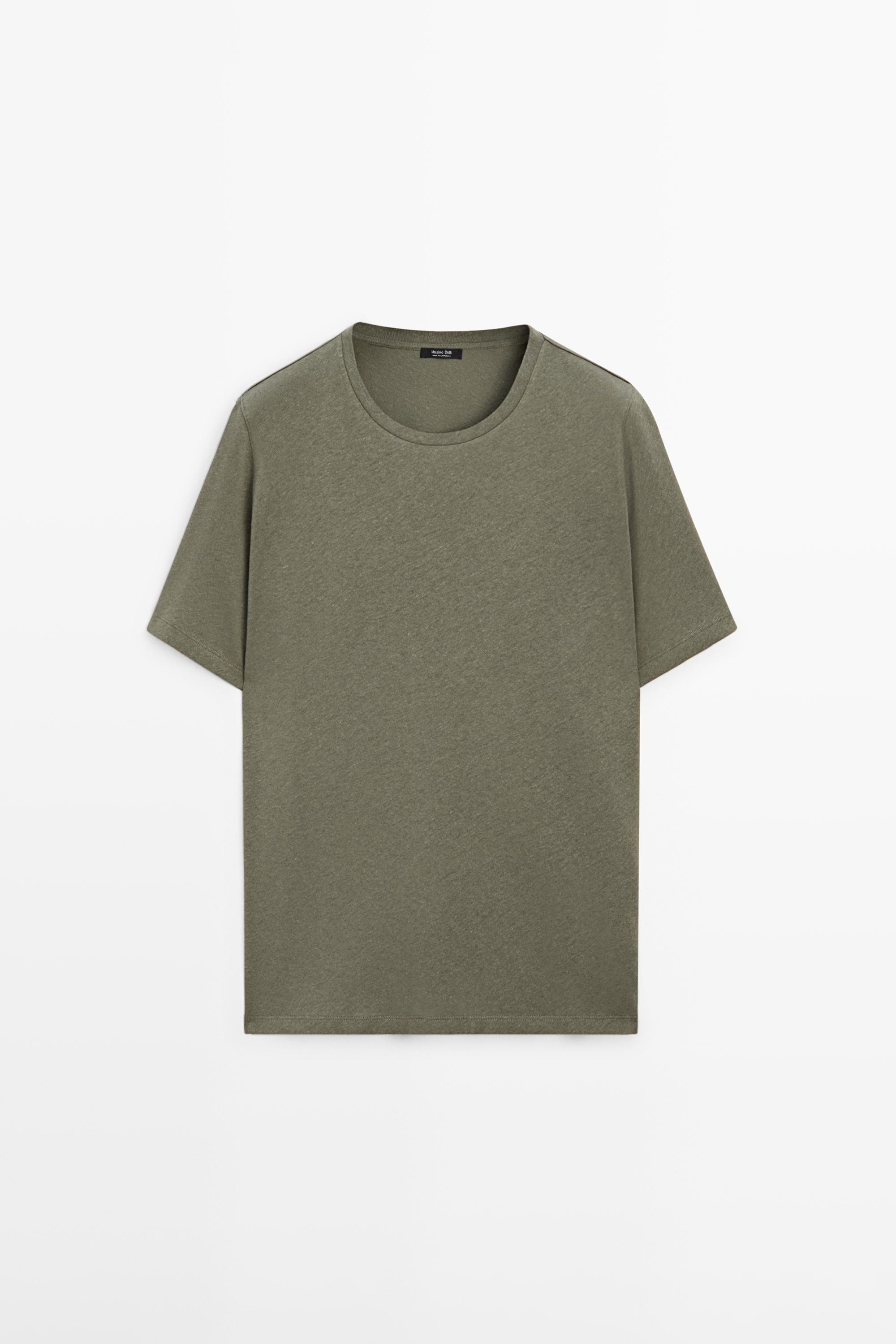 Short sleeve linen and cotton T-shirt — PALE KHAKI