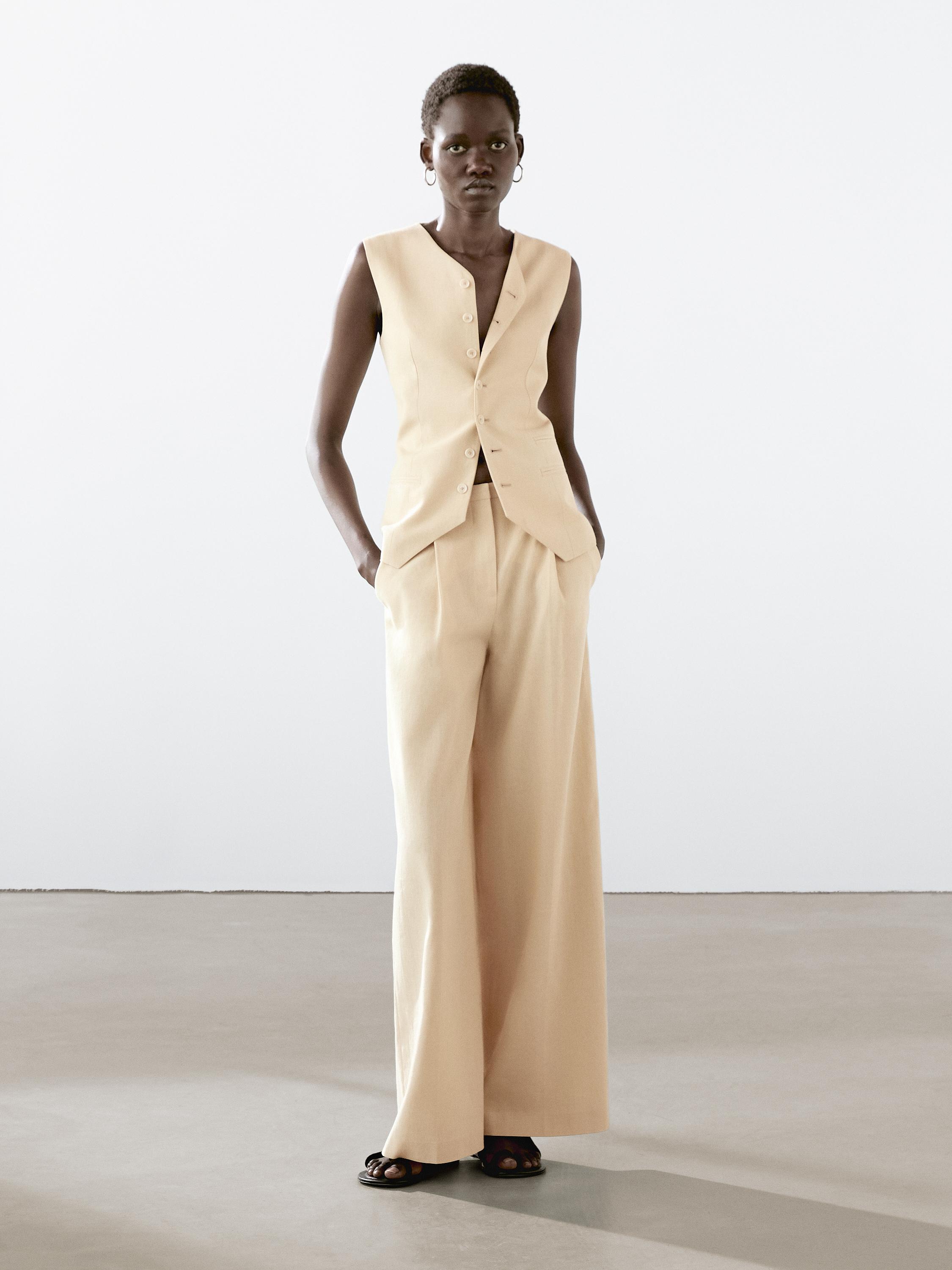 ★ Massimo Dutti★ Fluid Linen Blend Barrel Fit Pants 05045 Linen blend suit trousers · Beige · Dressy | Massimo Dutti