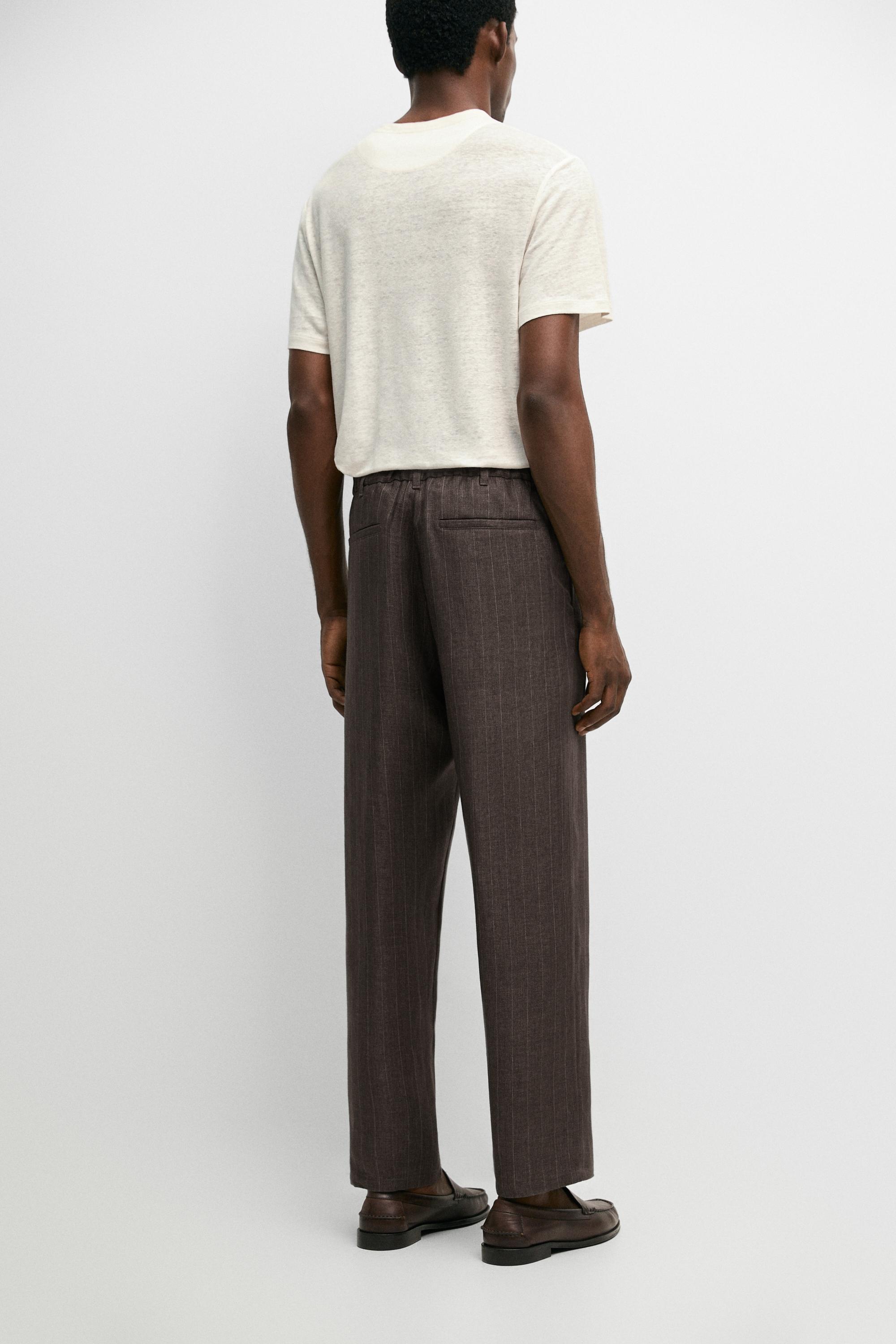 100% linen striped straight-leg pants — BROWN