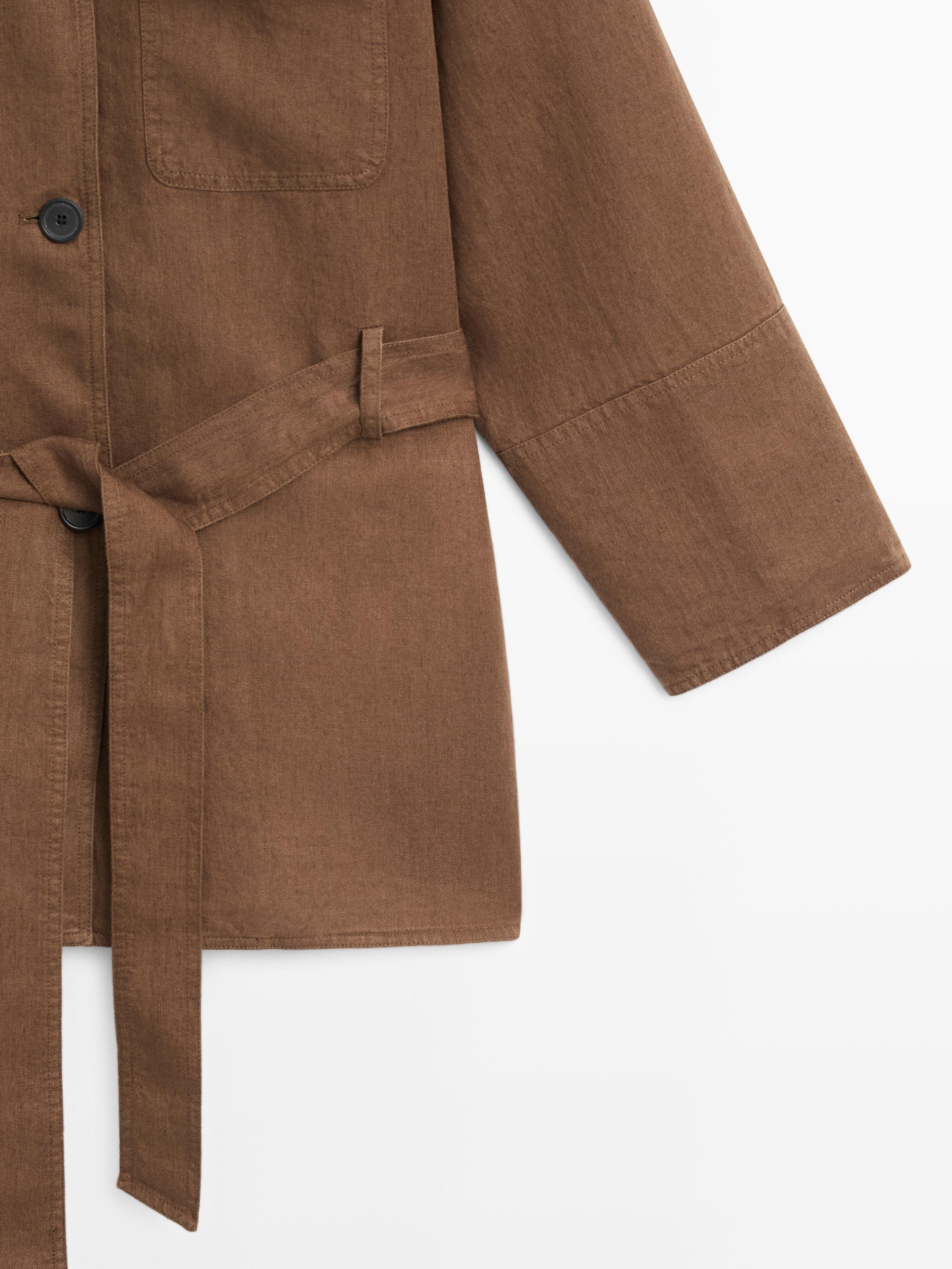 100% linen blazer with pockets and belt detail — BROWN
