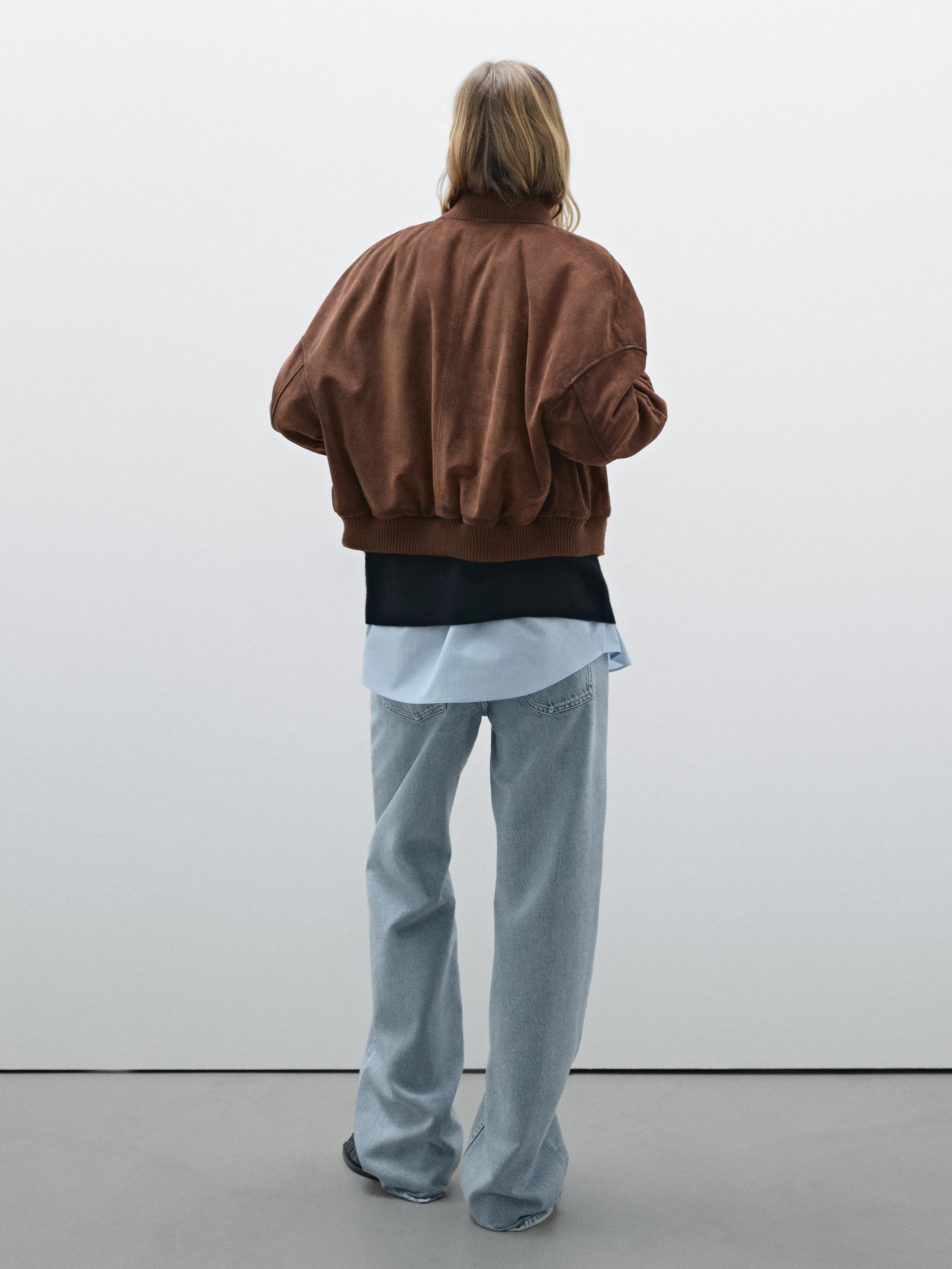 Suede leather bomber jacket with pockets