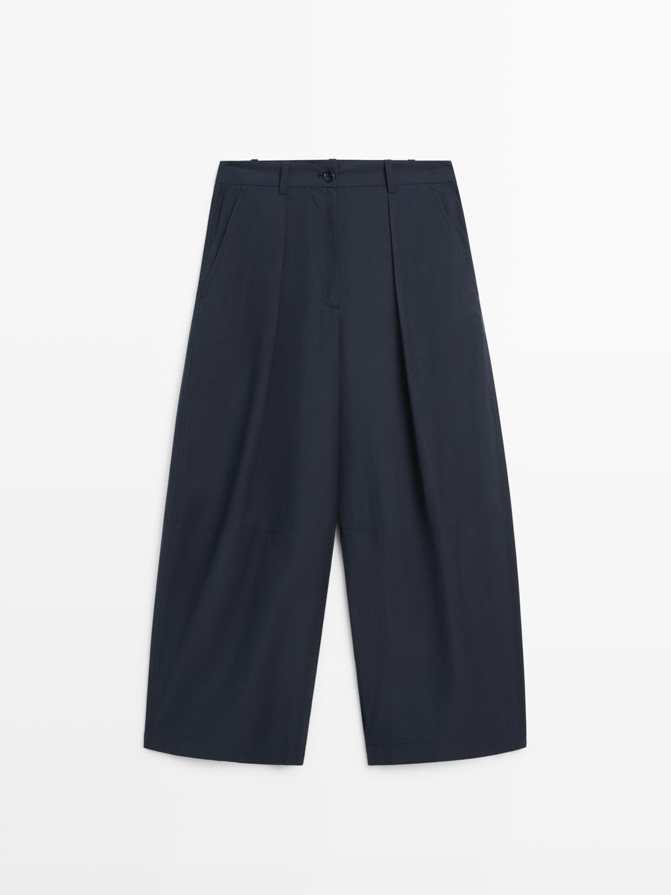 Cotton blend wide-leg trousers — DEEP BLUE